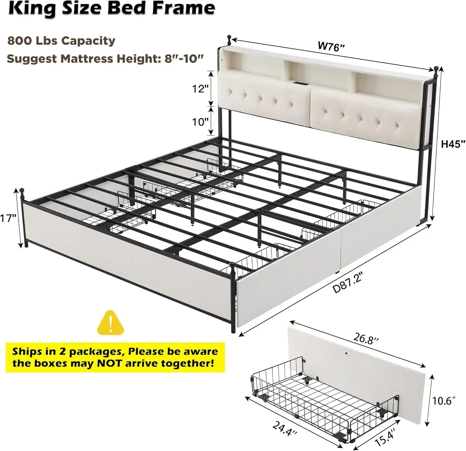 King Size Bed Frame with Upholstered Headboard, Antique White, Modern Farmhouse Wood Metal Platform Bed with Storage Drawers