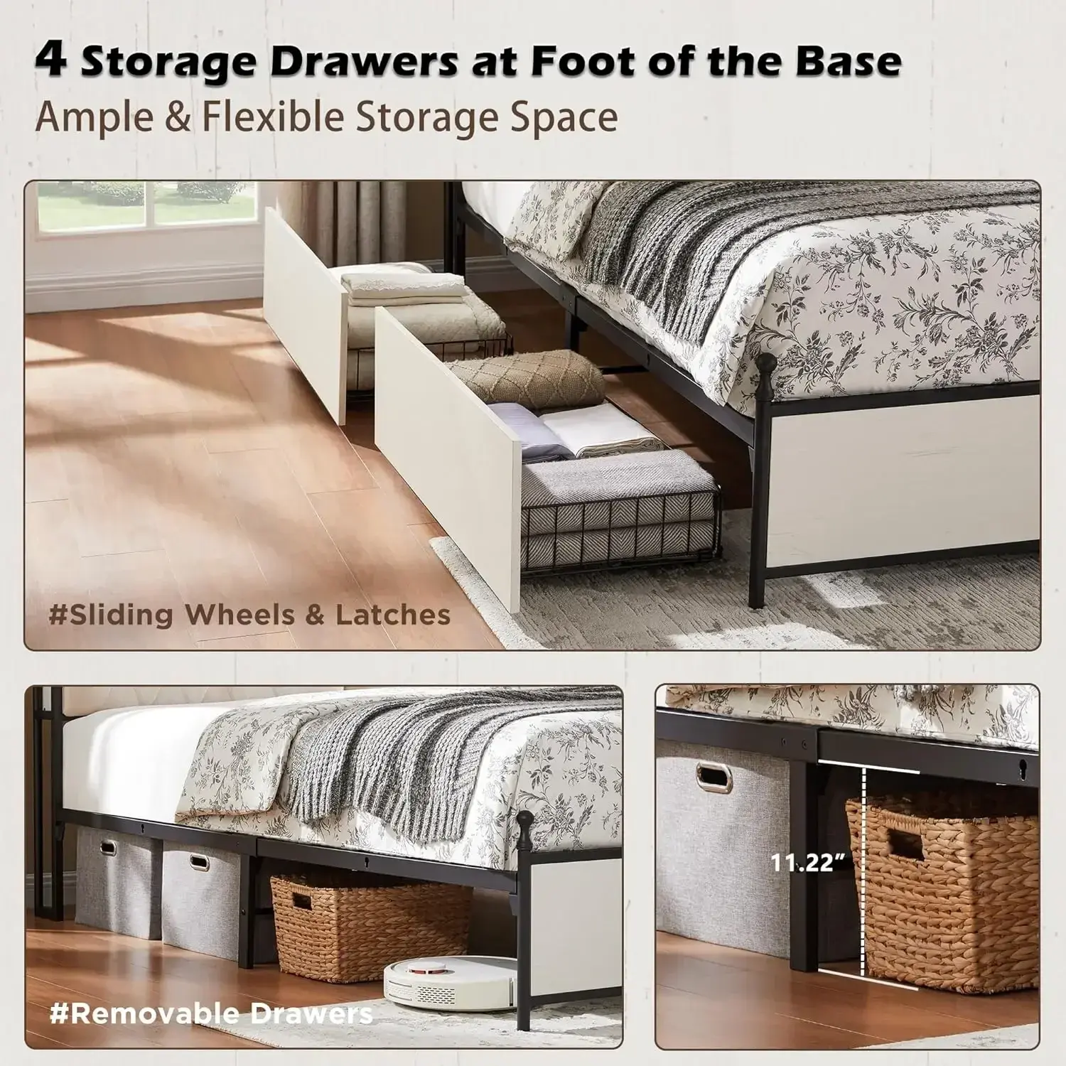 King Size Bed Frame with Upholstered Headboard, Antique White, Modern Farmhouse Wood Metal Platform Bed with Storage Drawers