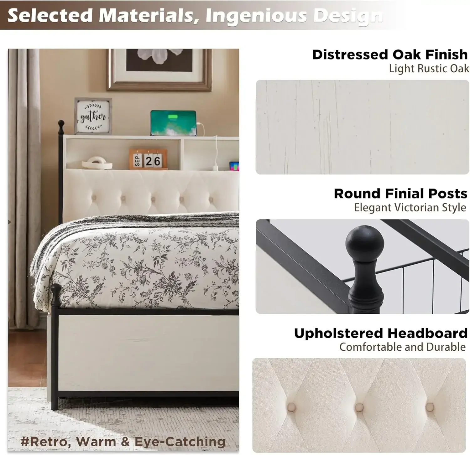 King Size Bed Frame with Upholstered Headboard, Antique White, Modern Farmhouse Wood Metal Platform Bed with Storage Drawers