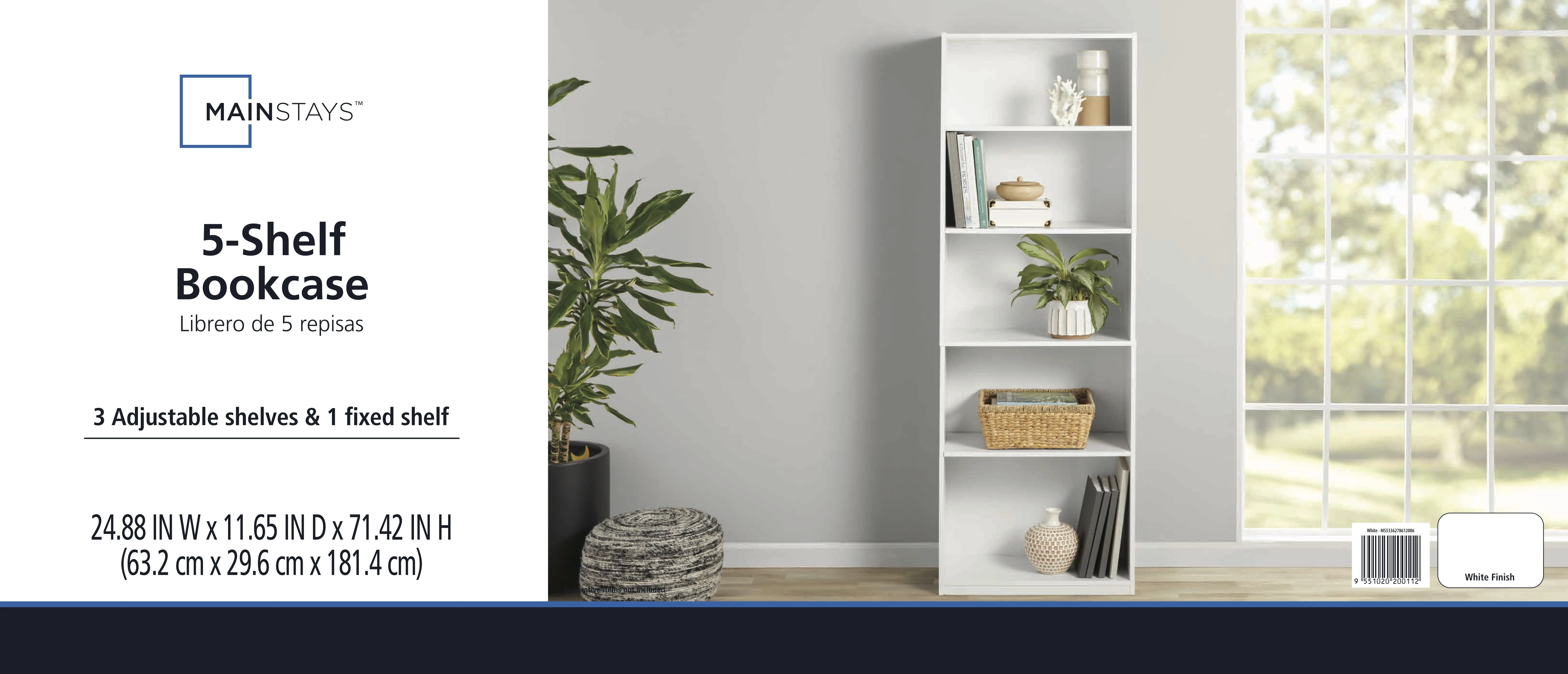 5-Shelf Bookcase with Adjustable Shelves, White