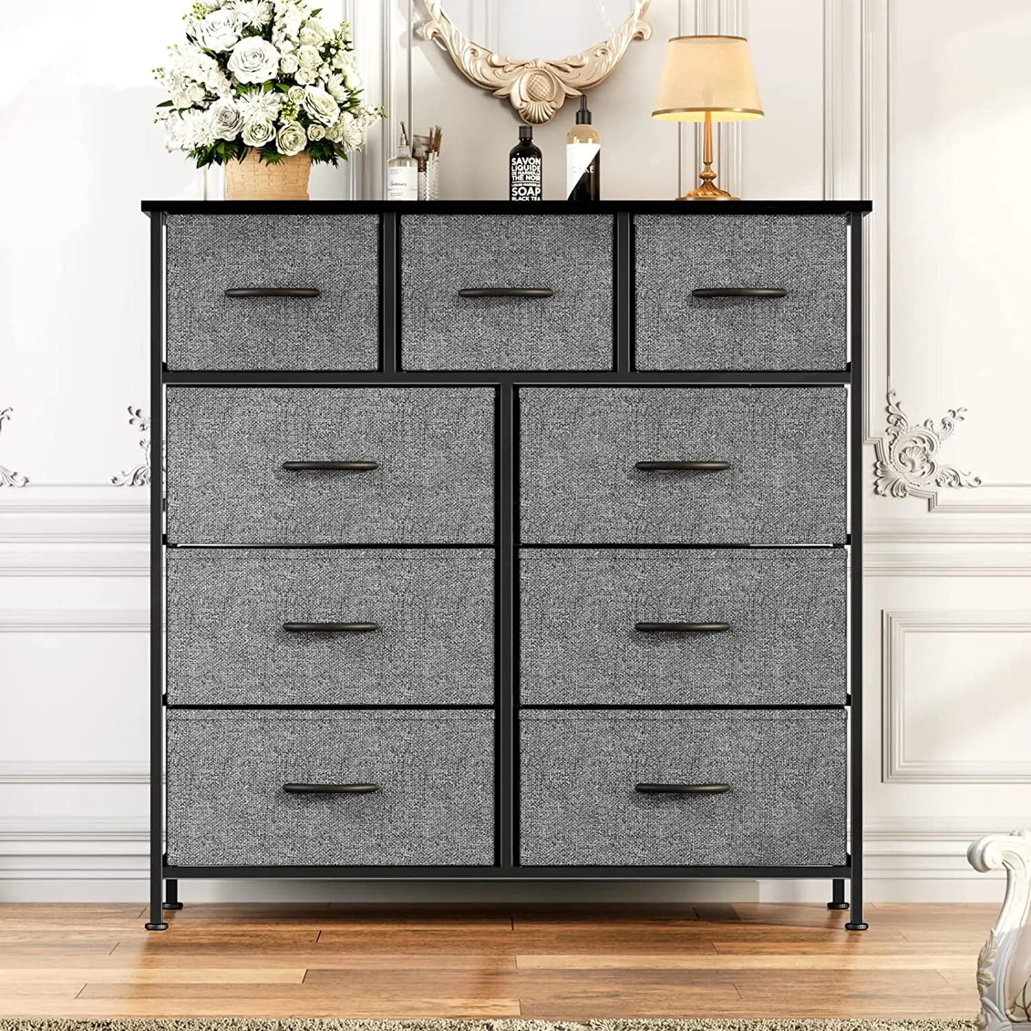Fabric Dresser for Bedroom 9 Drawer, Grey