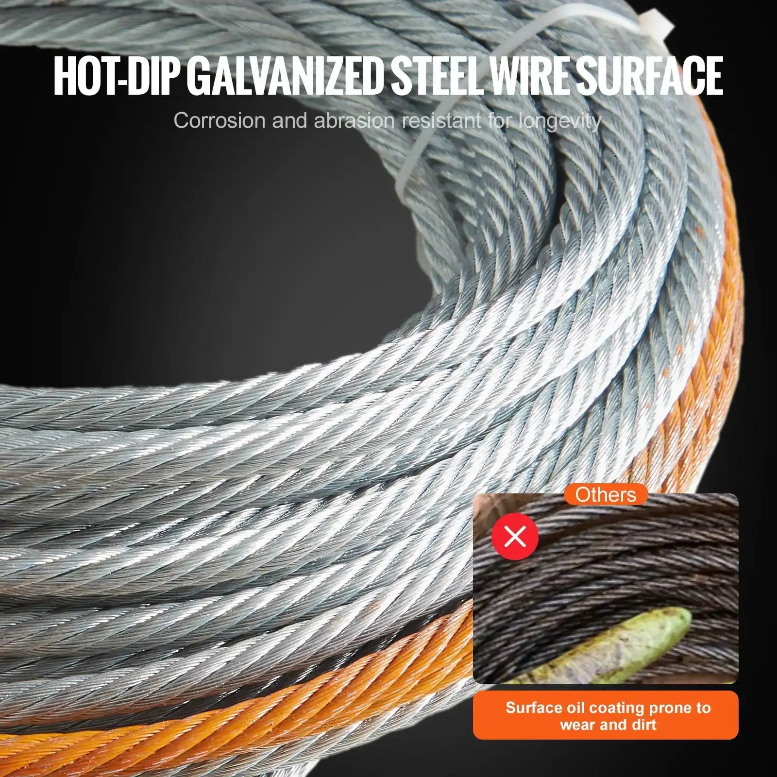 Galvanized Steel Winch Cable, 3/8 Inch x 75 Feet 15,200 lbs Breaking Strength, Wire Winch Rope with Swivel Hook