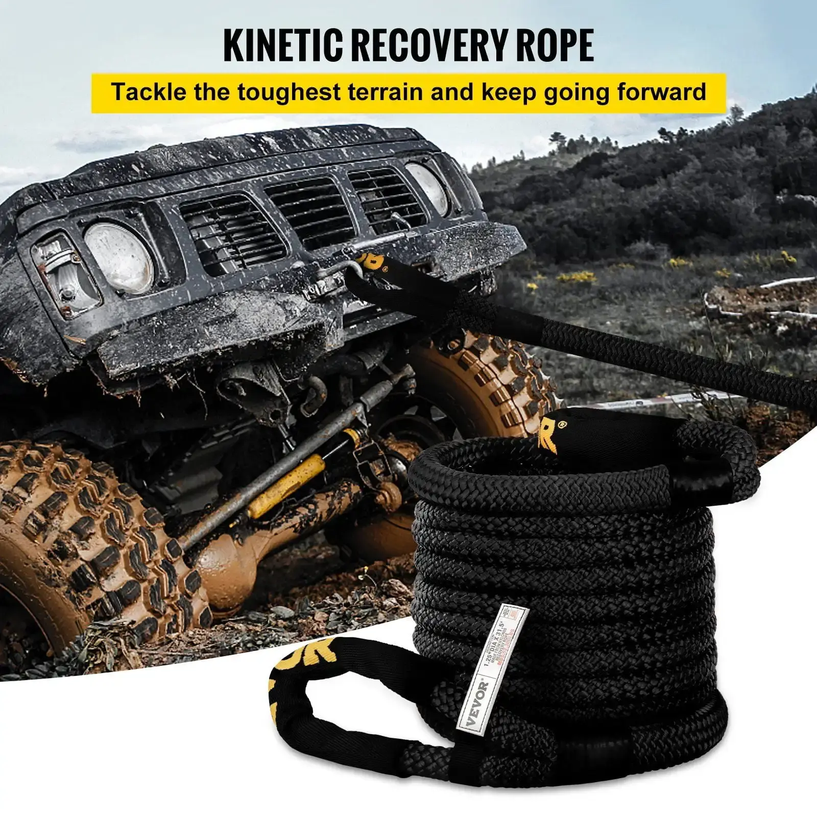 1-1/4" x 31.5' Kinetic Recovery & Tow Rope, 52,300 lbs, Heavy Duty Nylon Double Braided Kinetic Energy Rope