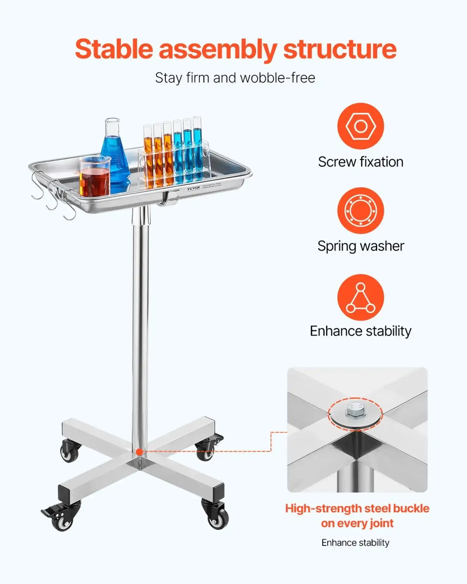 Mobile Mayo Stand Stainless Steel Mayo Tray 25.2"-39.8" with Removable Tray