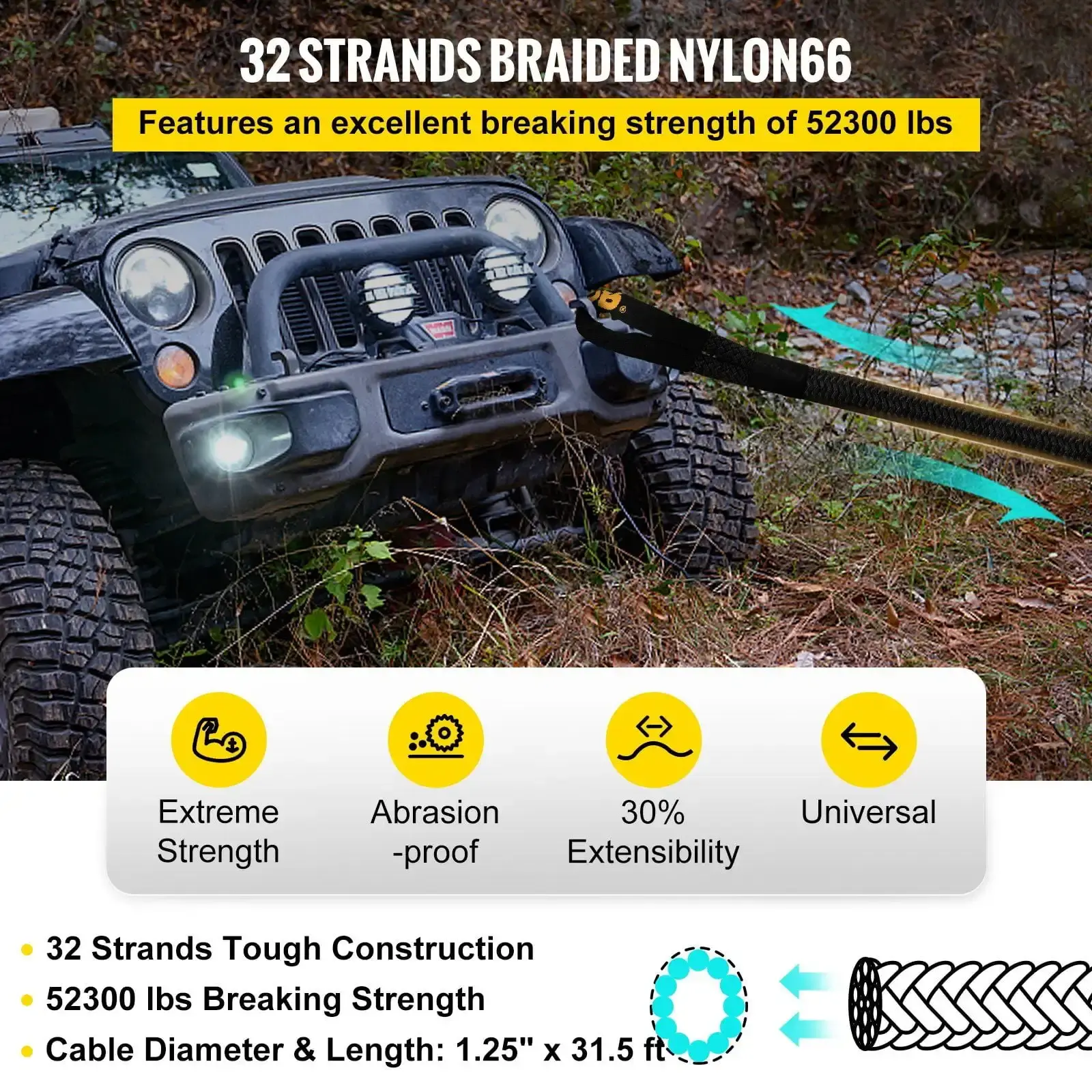 1-1/4" x 31.5' Kinetic Recovery & Tow Rope, 52,300 lbs, Heavy Duty Nylon Double Braided Kinetic Energy Rope