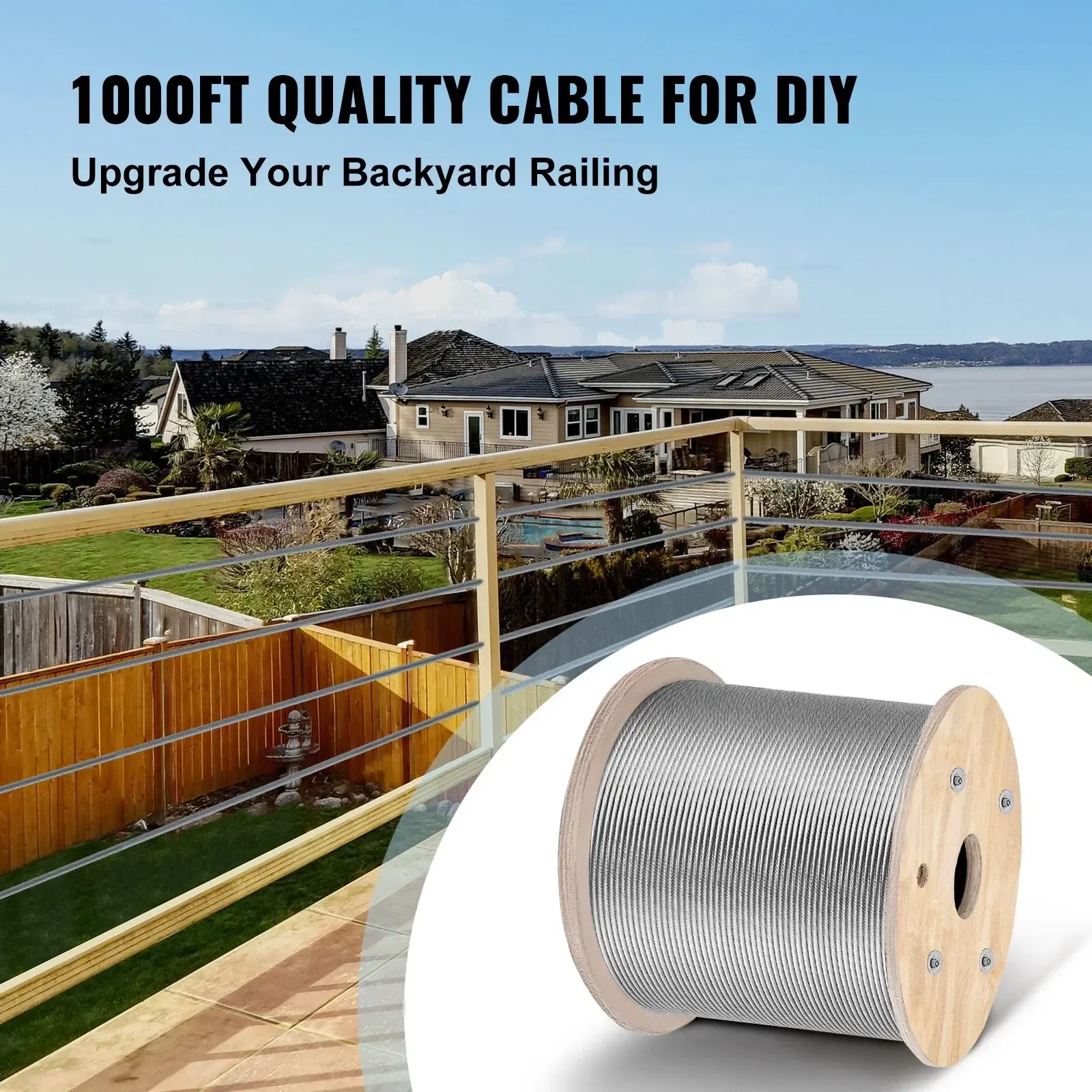 Stainless Steel Cable, 1/8'' x 1000 ft, Braided Aircraft Wire Rope with 1x19 Strands Construction, 2100 lbs Breaking Strength