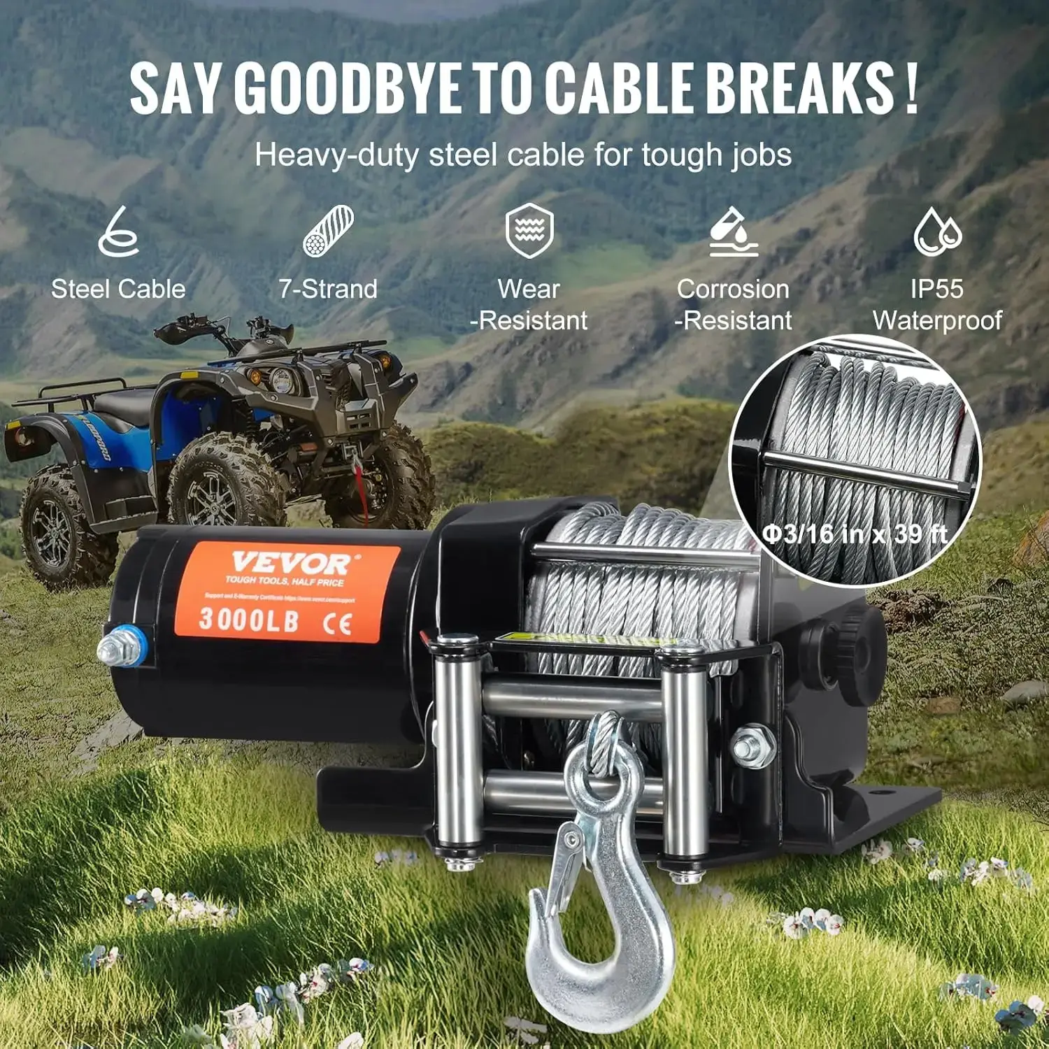 ATV Winch, 3000 lb Electric Winch, 12V Small ATV UTV Winch with 3/16 in x 39 ft Steel Cable Roller Fairlead Wired Remote Control