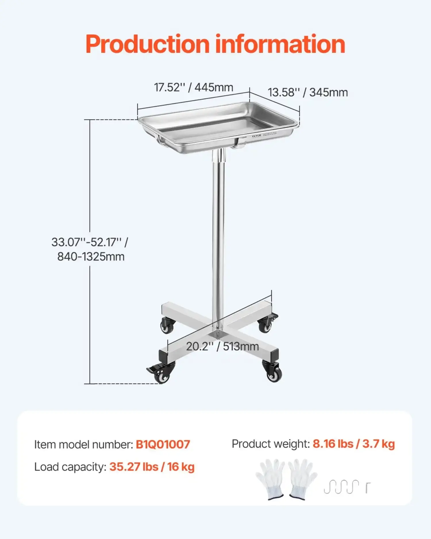 Mobile Mayo Stand Stainless Steel Mayo Tray 25.2"-39.8" with Removable Tray