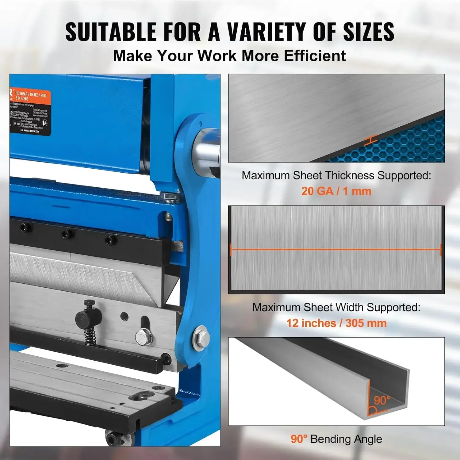 Sheet Metal Brake, 3-In-1 Combination Shear Brake Roll Machine, 20-Gauge Capacity Shear Press Brake with 90° Max Bending Angle