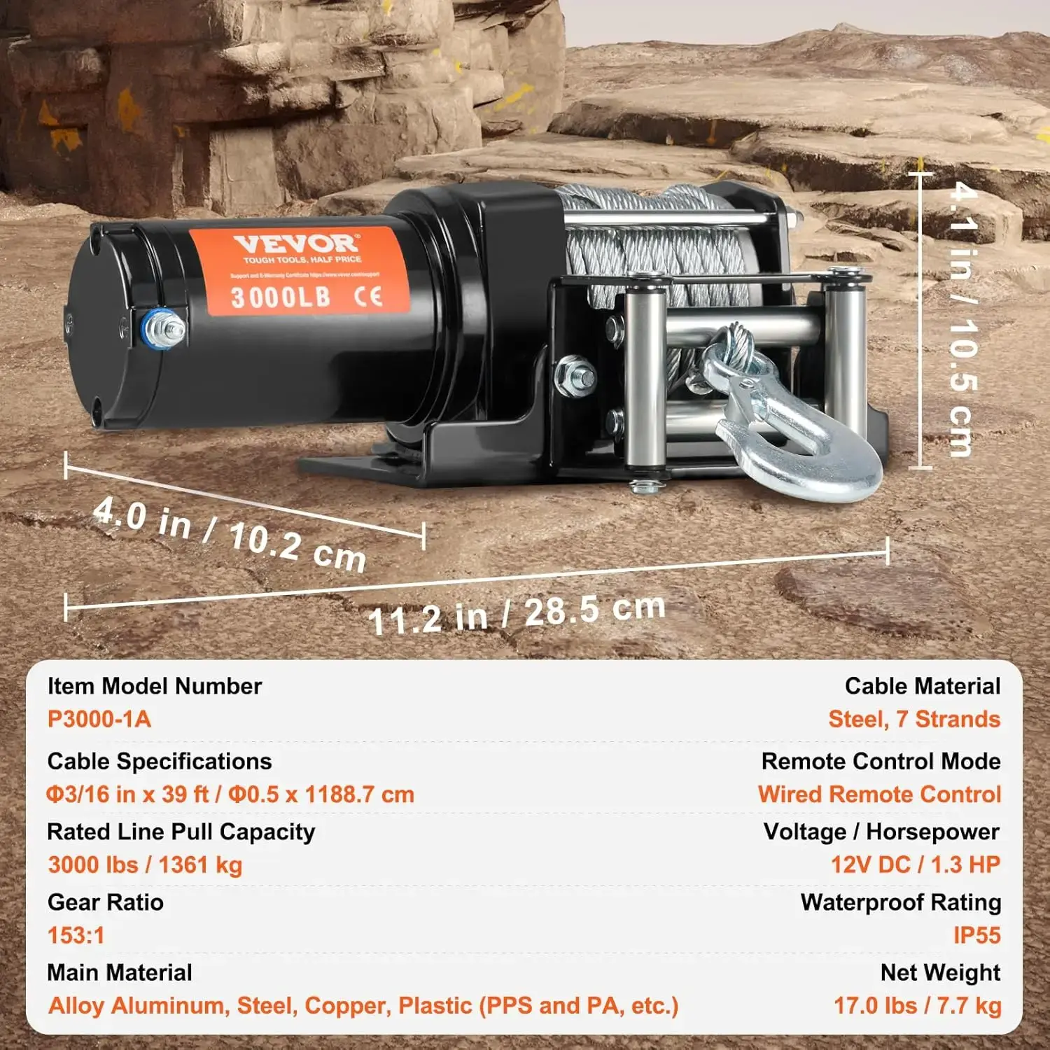 ATV Winch, 3000 lb Electric Winch, 12V Small ATV UTV Winch with 3/16 in x 39 ft Steel Cable Roller Fairlead Wired Remote Control