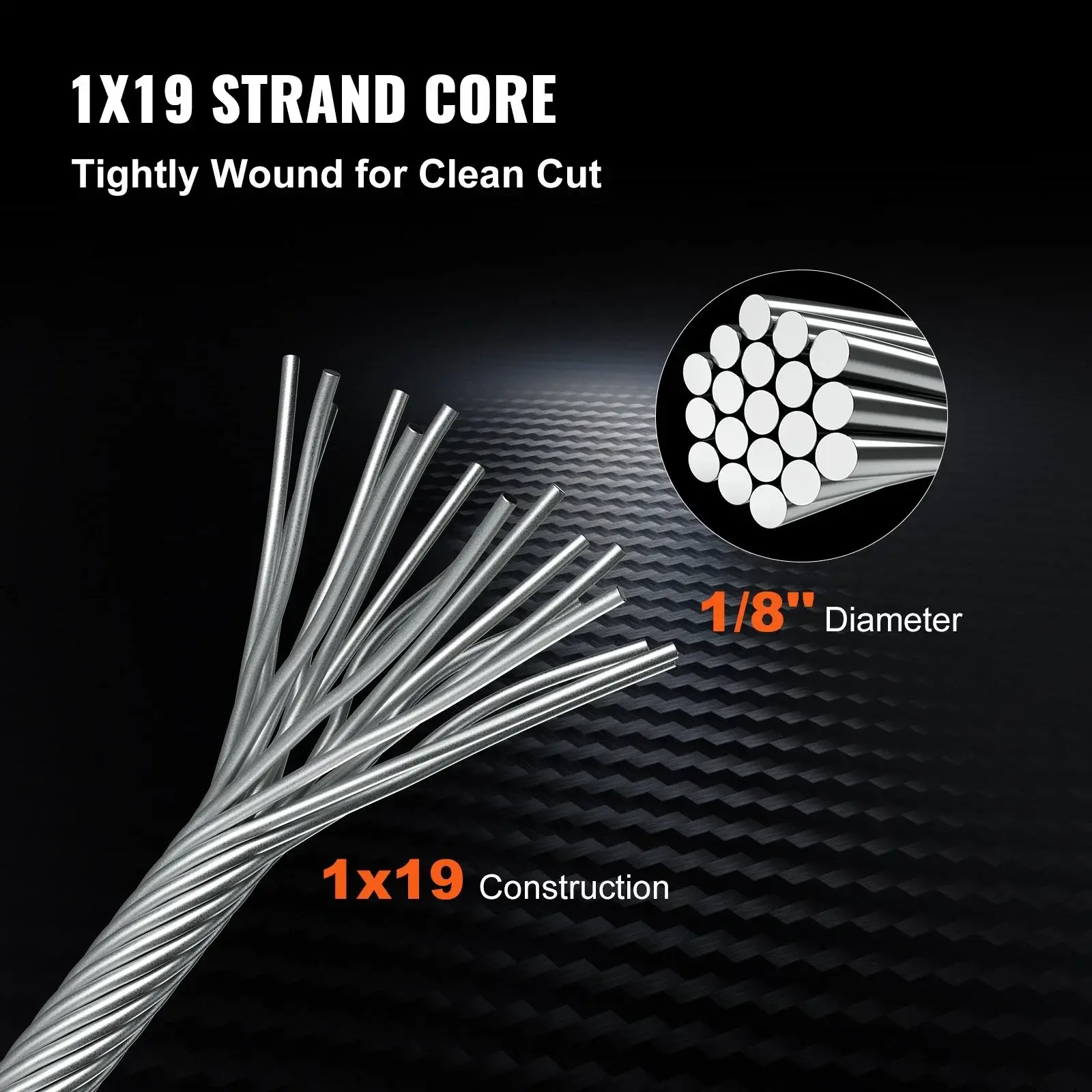 Stainless Steel Cable, 1/8'' x 1000 ft, Braided Aircraft Wire Rope with 1x19 Strands Construction, 2100 lbs Breaking Strength