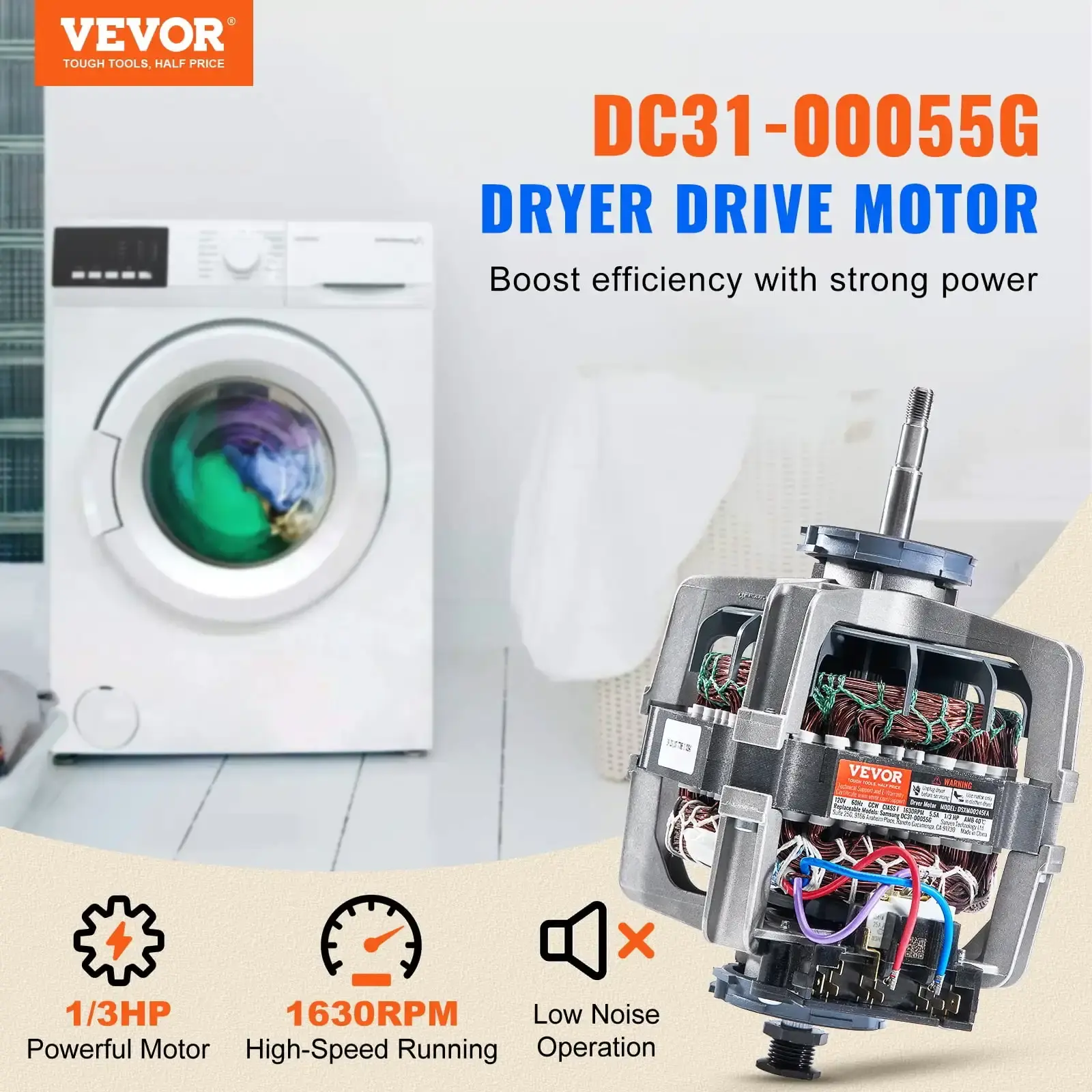 DC31-00055G Dryer Motor 1/3HP 1630RPM Compatible with Samsung Kenmore, Replacement for 40299032011, 40299032012