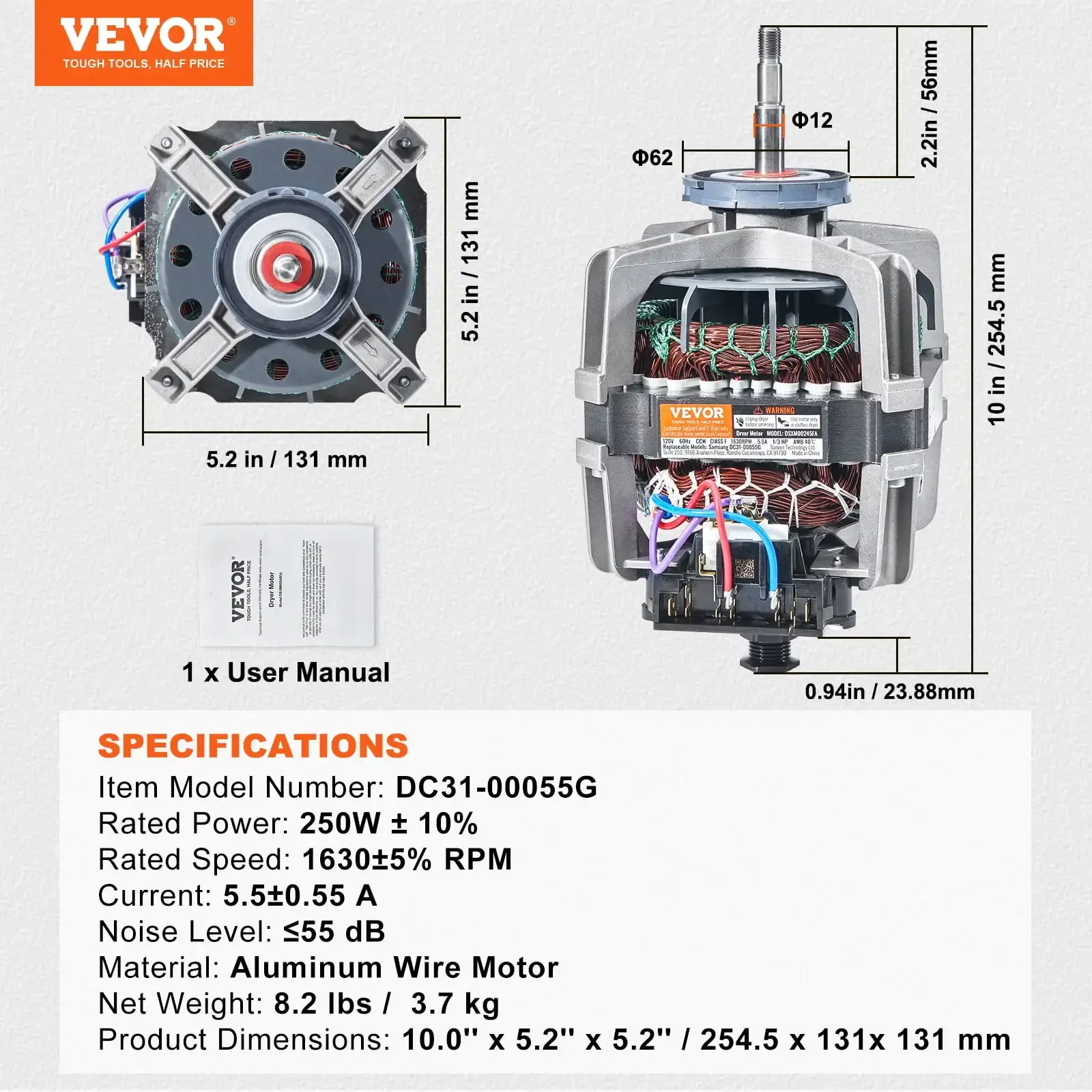 DC31-00055G Dryer Motor 1/3HP 1630RPM Compatible with Samsung Kenmore, Replacement for 40299032011, 40299032012