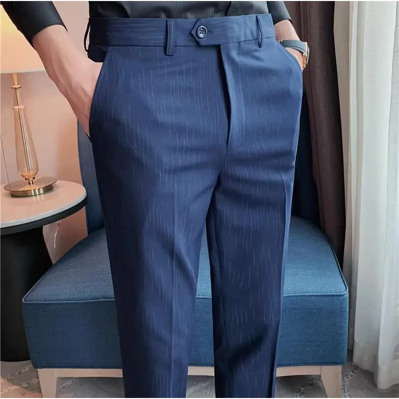 High Quality Men Striped Wedding Dress Trousers Male Boutique Formal Wear Slim Suits Pants Men British Style Business Suit Pants