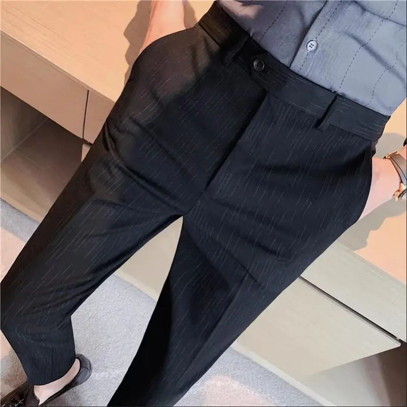 High Quality Men Striped Wedding Dress Trousers Male Boutique Formal Wear Slim Suits Pants Men British Style Business Suit Pants