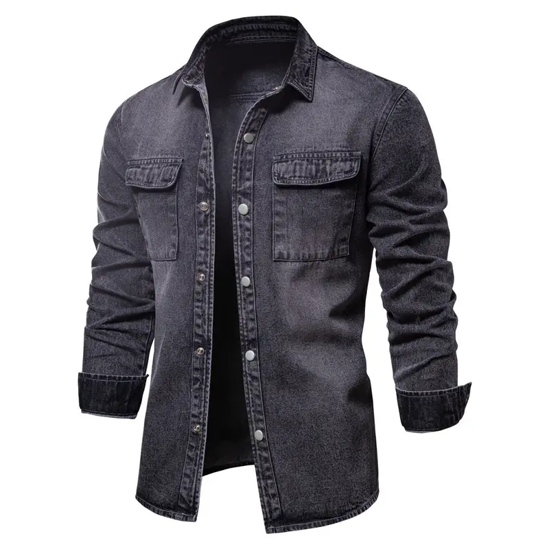Men Denim Shirts Jackets Male Light Blue Casual Fashion Denim Coats Jeans Jacket Man Streetwear Long Sleeve Shirts Size XXL