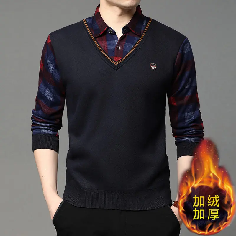 New Autumn Men Casual Shirts Collar Sweaters Man Twinset Shirts Sweaters Knitted Pullovers Male Winter Fleece Warm Sweaters 4XL
