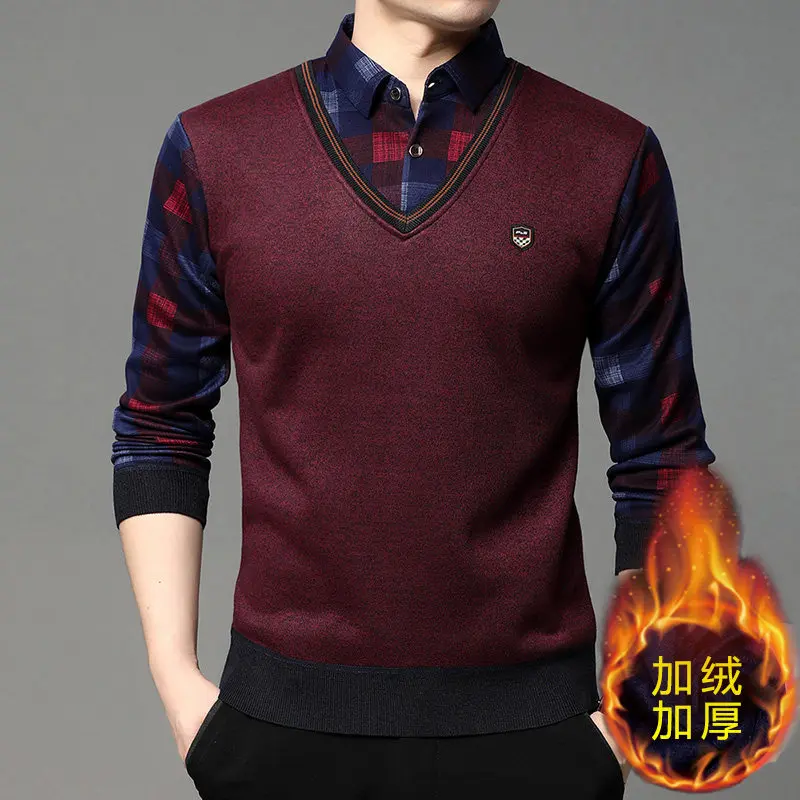 New Autumn Men Casual Shirts Collar Sweaters Man Twinset Shirts Sweaters Knitted Pullovers Male Winter Fleece Warm Sweaters 4XL