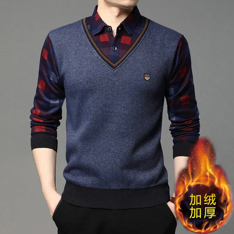New Autumn Men Casual Shirts Collar Sweaters Man Twinset Shirts Sweaters Knitted Pullovers Male Winter Fleece Warm Sweaters 4XL