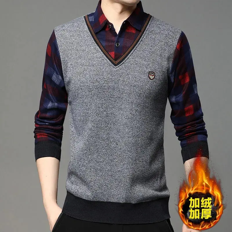 New Autumn Men Casual Shirts Collar Sweaters Man Twinset Shirts Sweaters Knitted Pullovers Male Winter Fleece Warm Sweaters 4XL