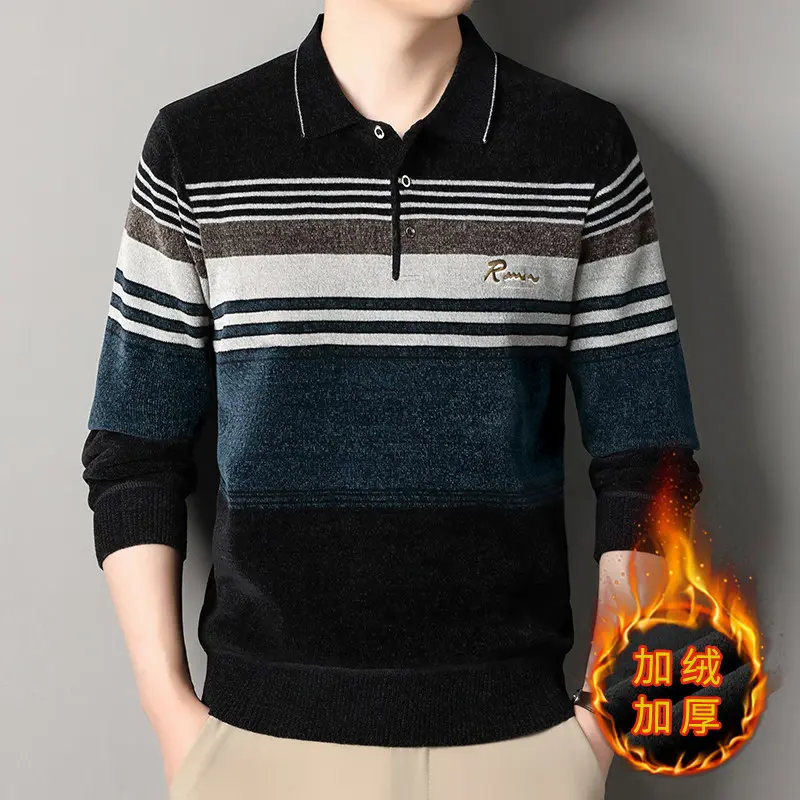 New Winter Male Business Casual Striped Knit Sweaters Men Turn-down Collar Pullovers Sweaters Man Fleece Warm Winter Clothing 4X