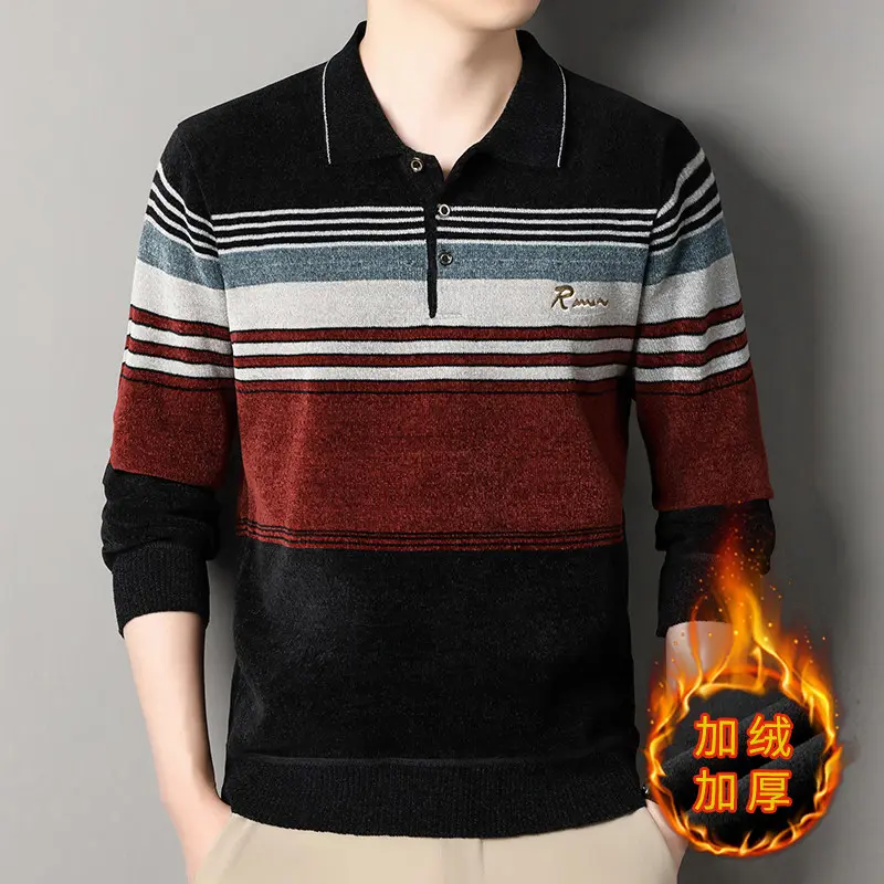 New Winter Male Business Casual Striped Knit Sweaters Men Turn-down Collar Pullovers Sweaters Man Fleece Warm Winter Clothing 4X