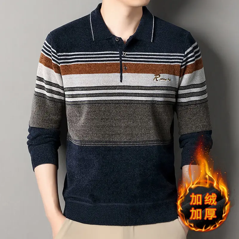 New Winter Male Business Casual Striped Knit Sweaters Men Turn-down Collar Pullovers Sweaters Man Fleece Warm Winter Clothing 4X