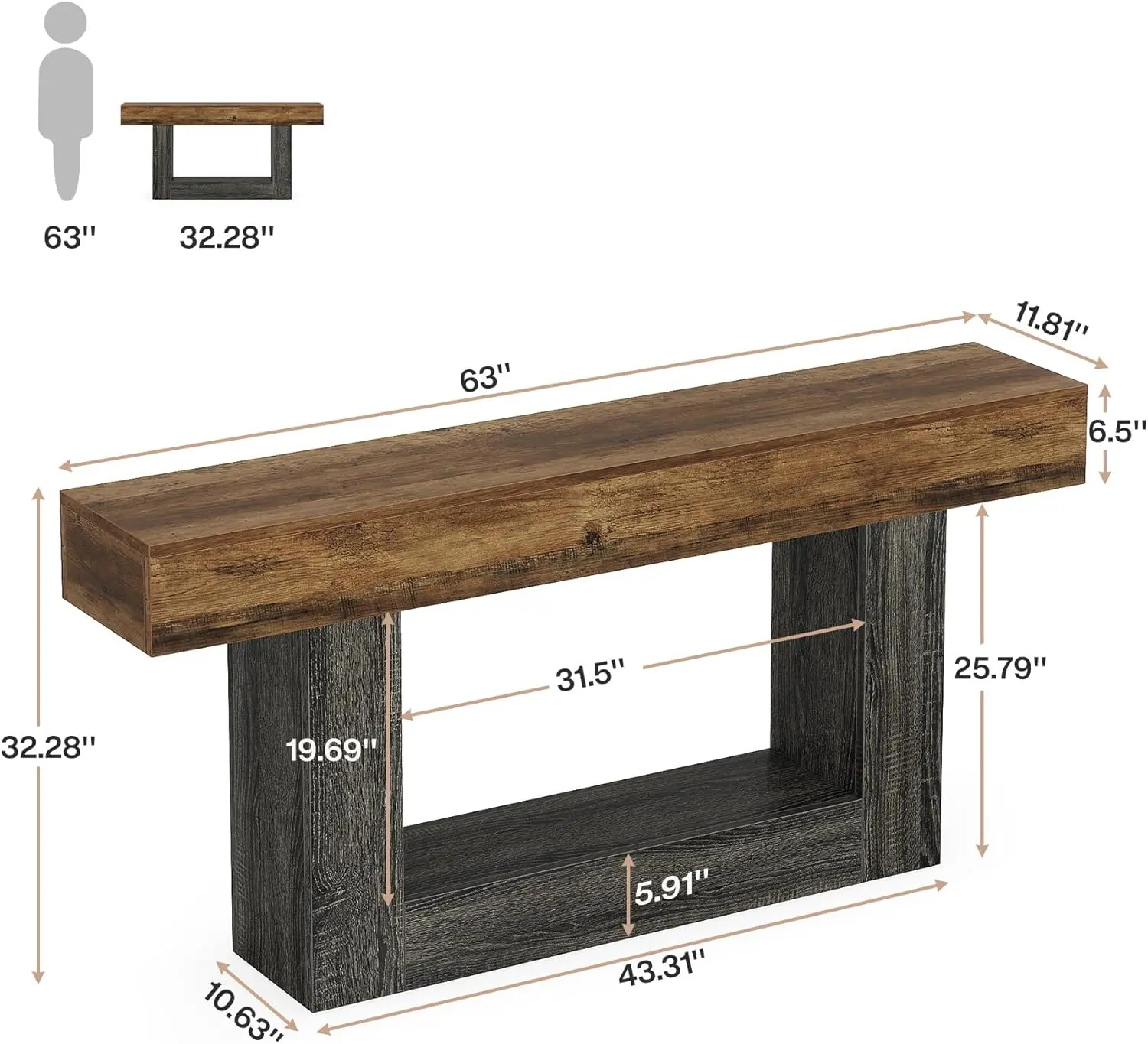 63" Console Table, Farmhouse 2-Tier Entryway Table with U-Shaped Base, Narrow Long Wood Sofa Table Behind Couch Table y