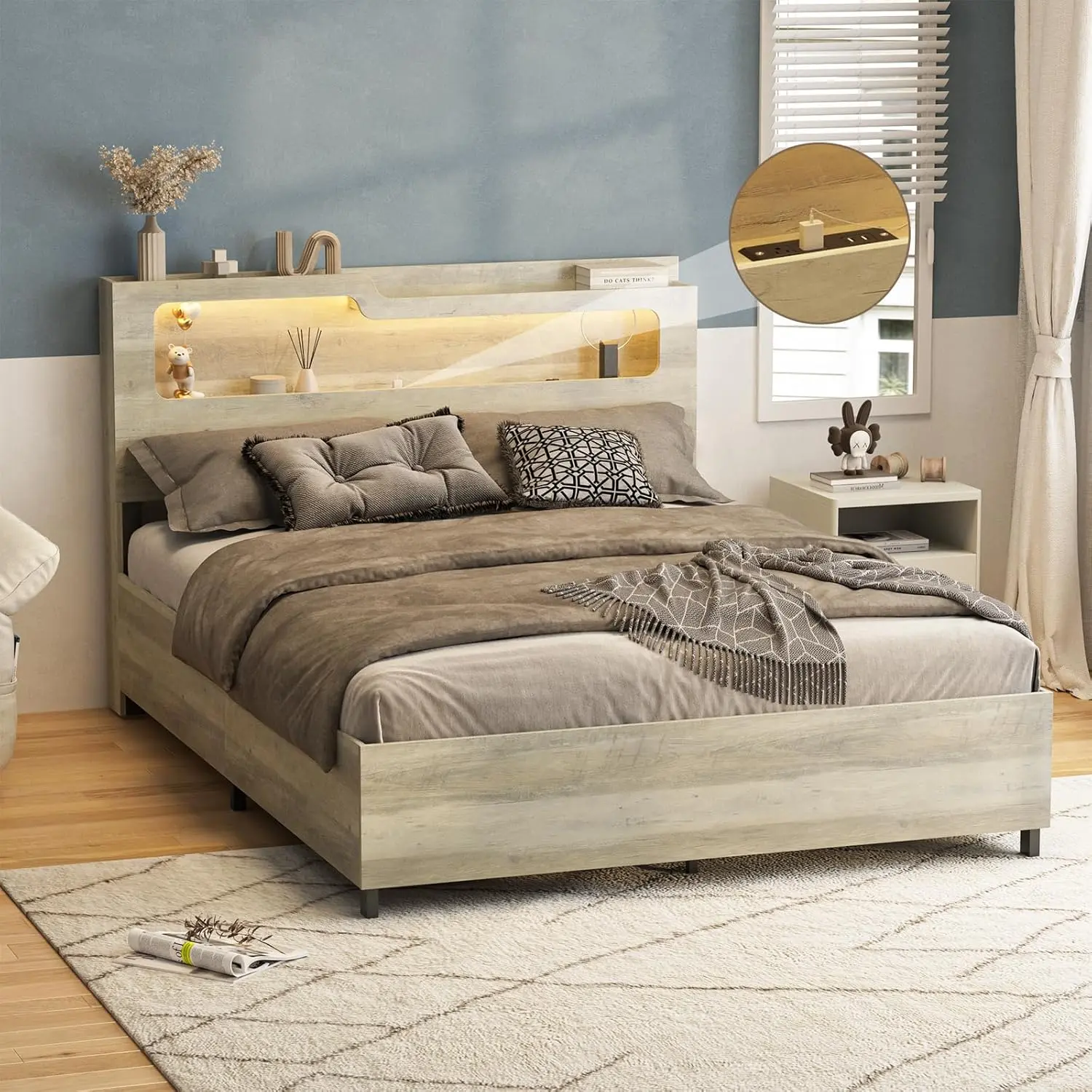 Queen Size Lift Up Storage Bed Frame, 2-Tier Headboard Wooden Platform Bed Frame with Lifting Storage & Charging Station