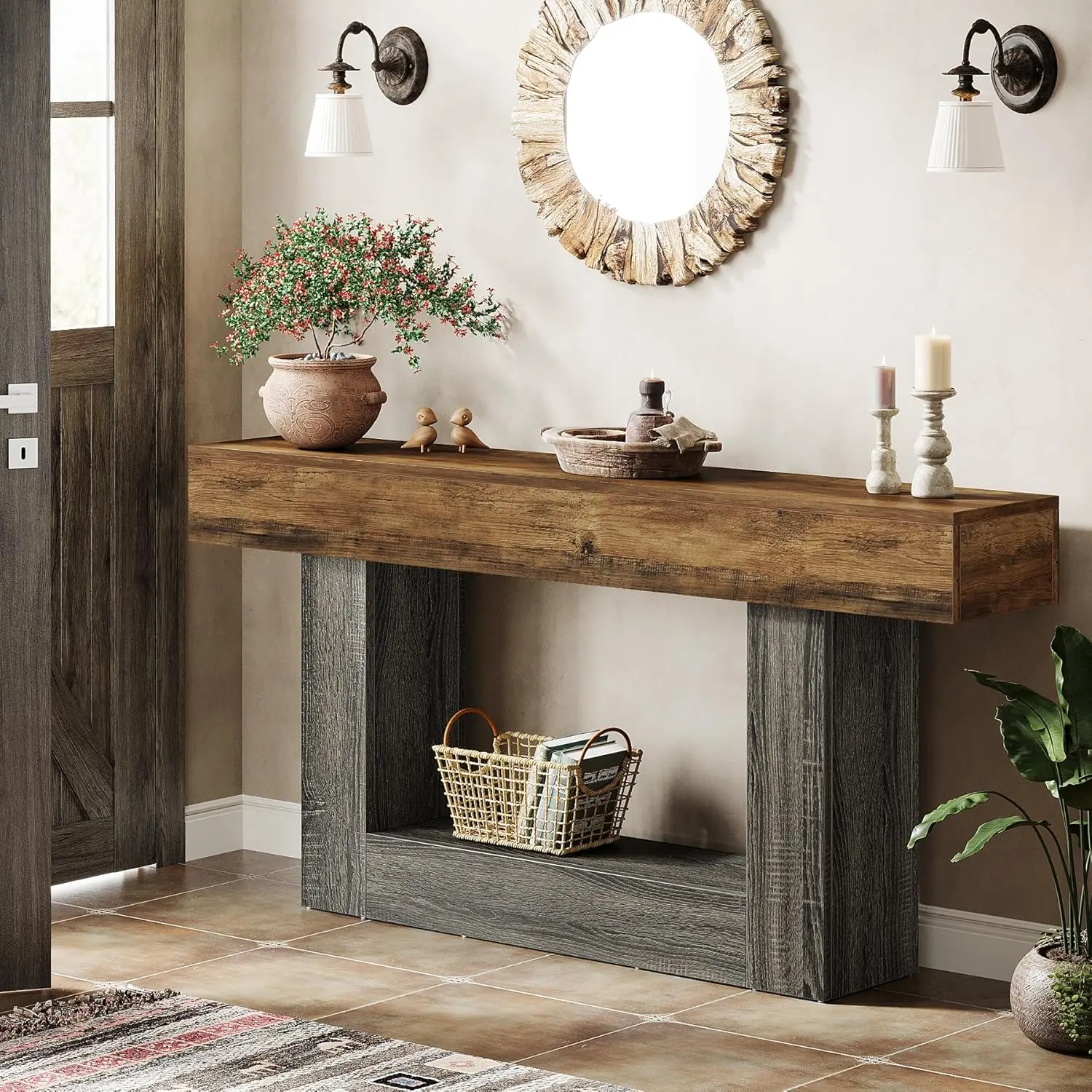 63" Console Table, Farmhouse 2-Tier Entryway Table with U-Shaped Base, Narrow Long Wood Sofa Table Behind Couch Table y