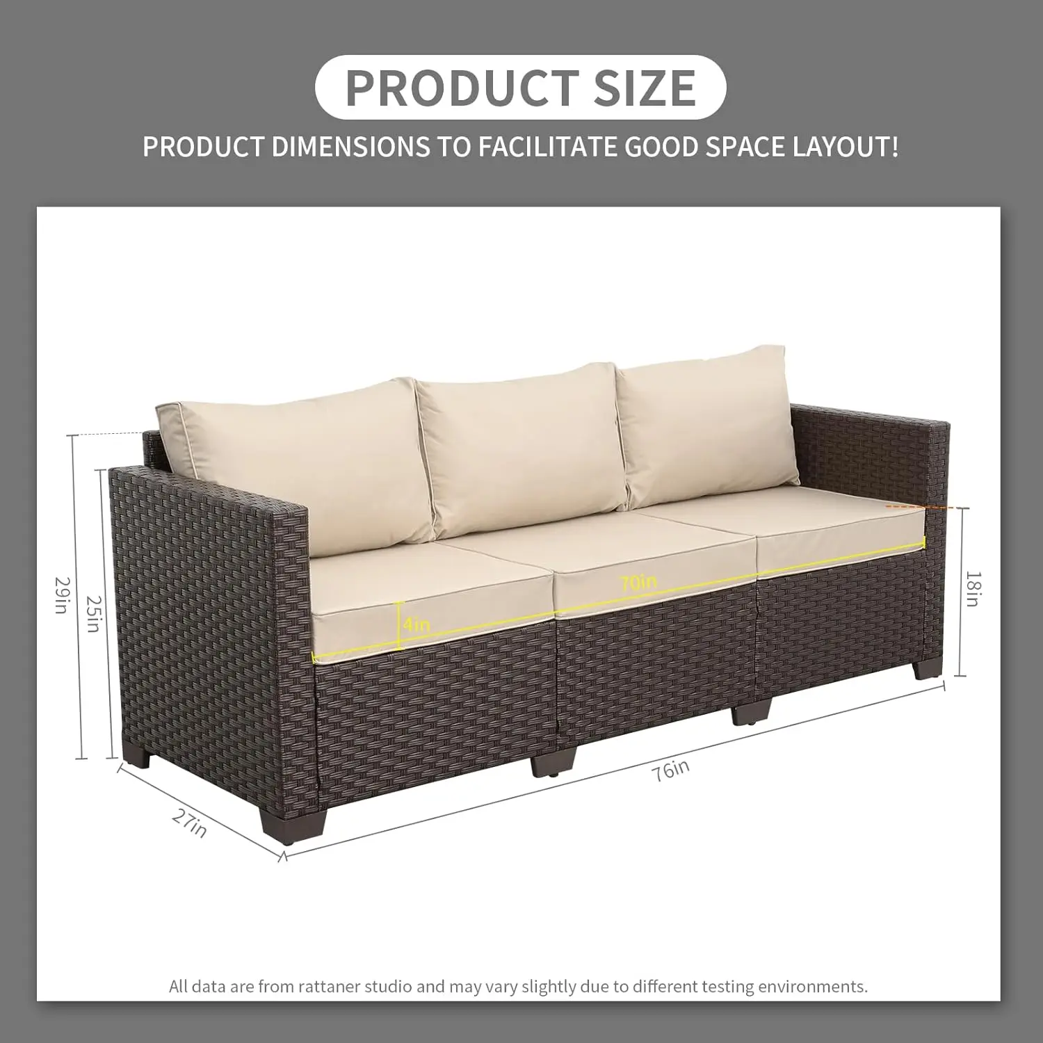 Patio Furniture 3-seat Sofa Wicker Outdoor Furniture Outdoor Couch Deep Seat Hight Backrest Waterproof Cover Anti-Slip Cushions