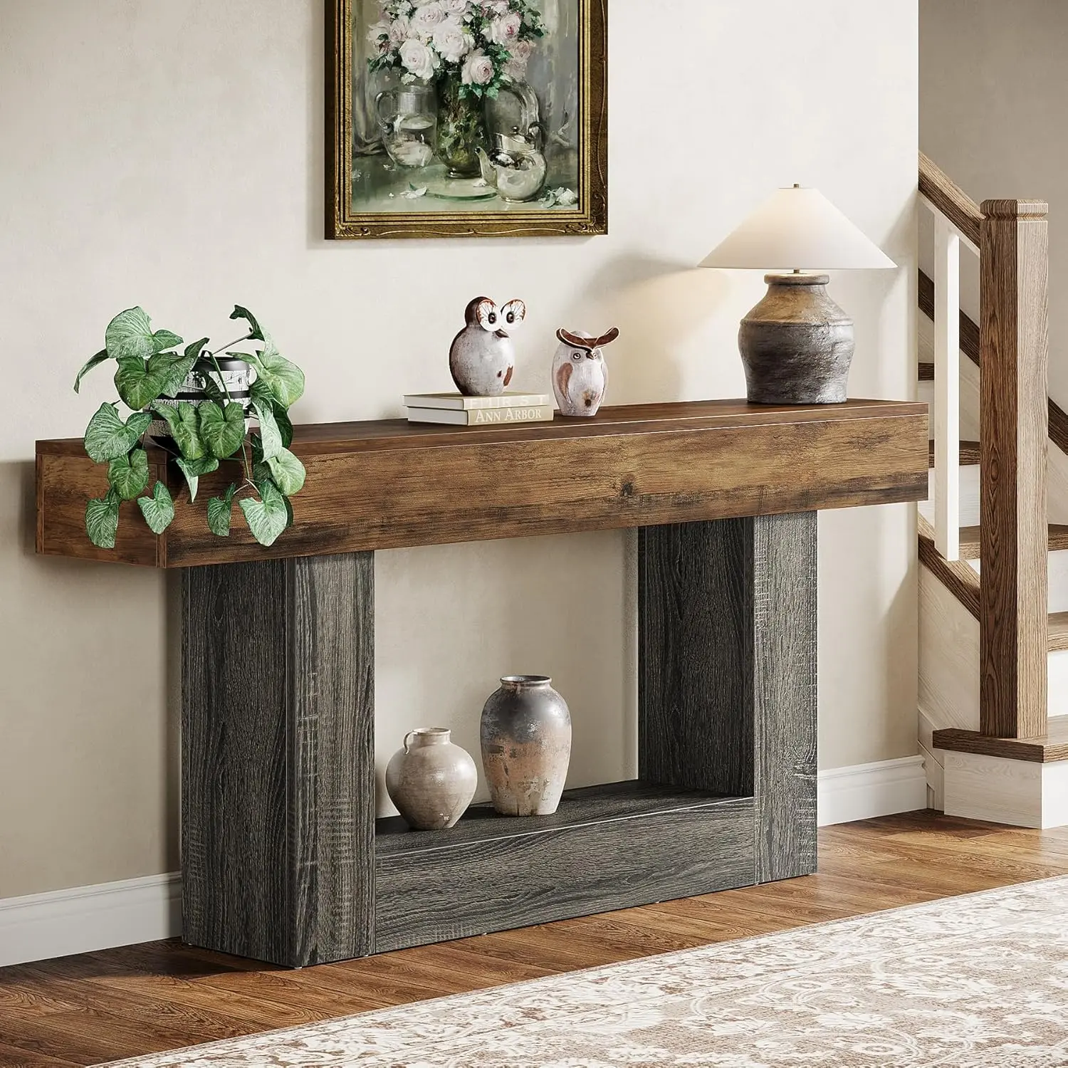 63" Console Table, Farmhouse 2-Tier Entryway Table with U-Shaped Base, Narrow Long Wood Sofa Table Behind Couch Table y