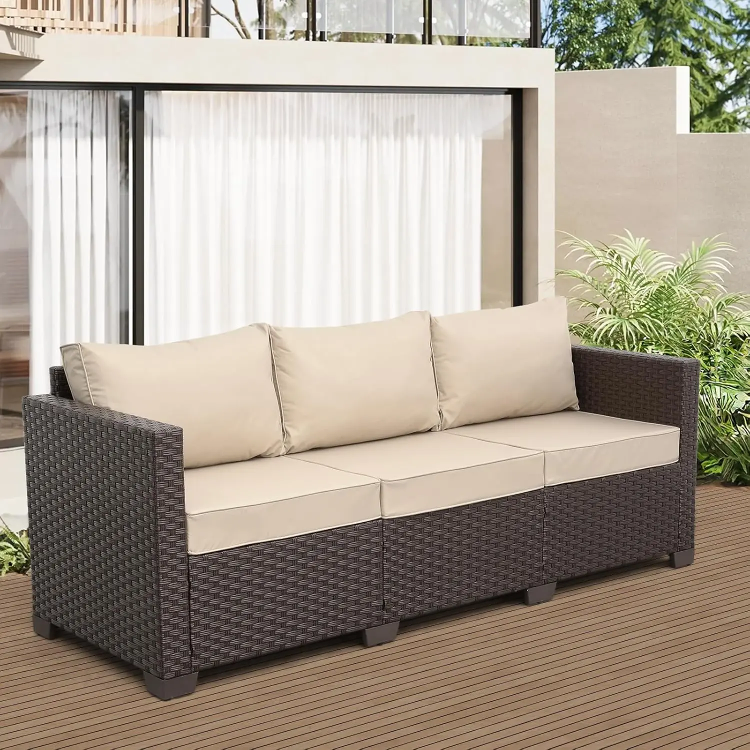 Patio Furniture 3-seat Sofa Wicker Outdoor Furniture Outdoor Couch Deep Seat Hight Backrest Waterproof Cover Anti-Slip Cushions