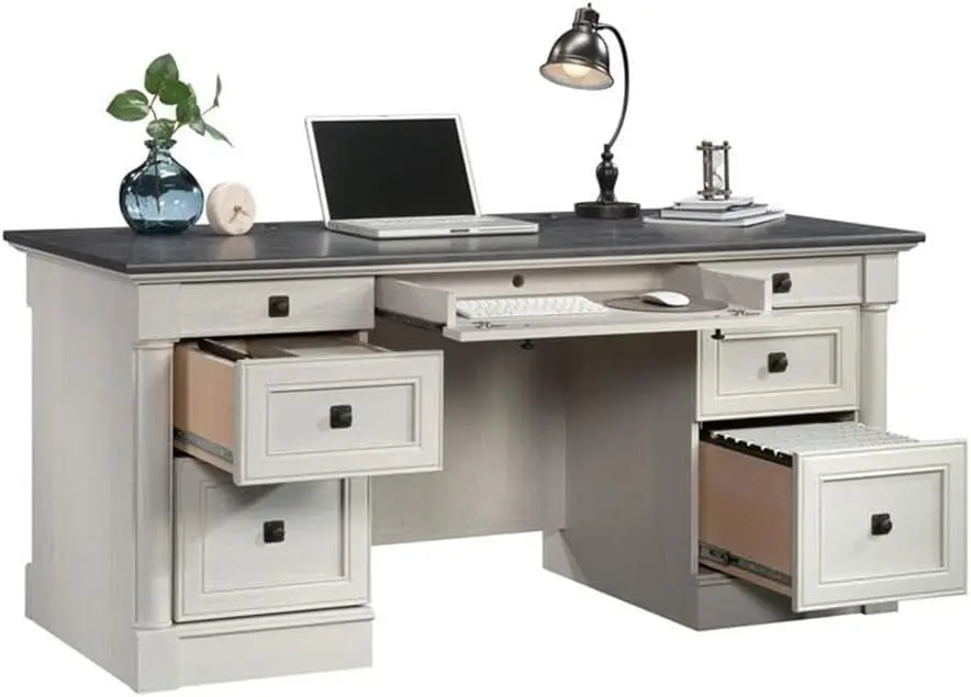 Palladia Office Desk with Drawers, Executive Desk with File Cabinet Storage, Cable Management, Keyboard Tray, in Glacier Oak