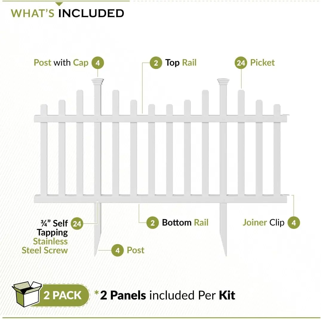 2.5ft H x 4.7ft W (2 Panels) No Dig Zippity Madison Fence Panel Kit, No Dig Fence Panels, White Vinyl Fences for Yard