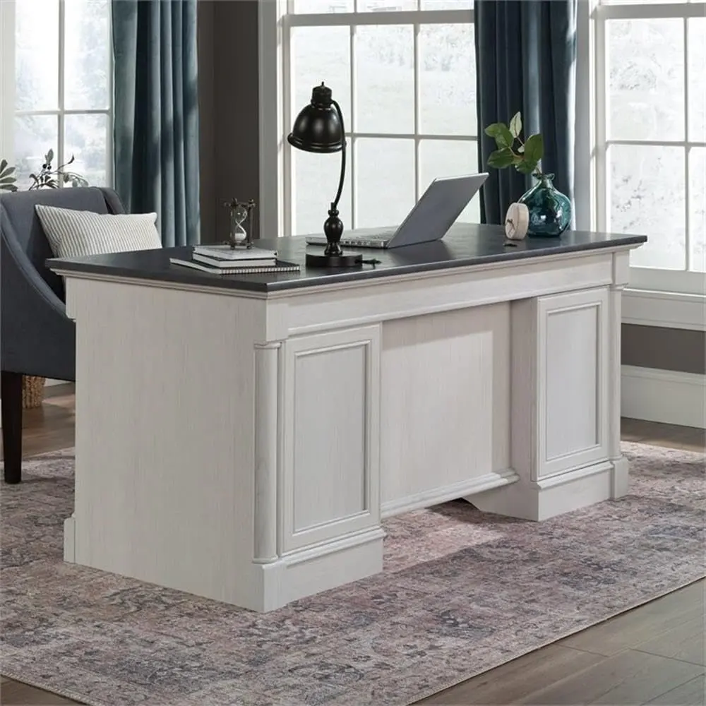 Palladia Office Desk with Drawers, Executive Desk with File Cabinet Storage, Cable Management, Keyboard Tray, in Glacier Oak