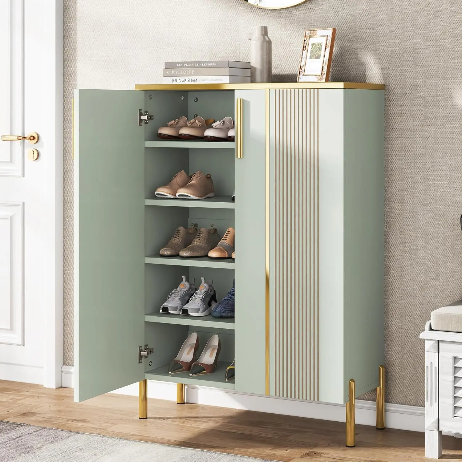 Shoe Cabinet with Doors, 6-Tier Shoe Storage Cabinet with Adjustable Shelves, Wooden Shoes Rack Shoe Storage Organizer