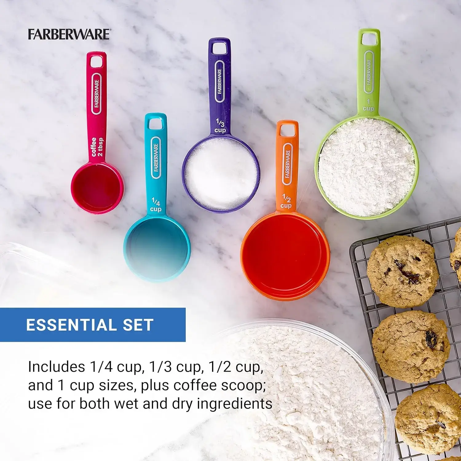 Professional 5-Piece Measuring Cup Set with Coffee Scoop Durable Plastic Kitchen Measuring Cups with Easy-Read Markings