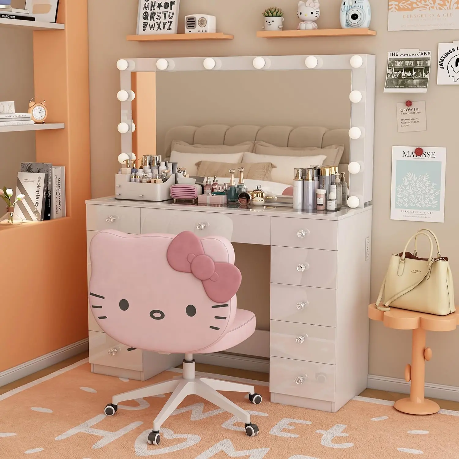 Vanity Desk with Power Outlet, Makeup Vanity with Mirror and 14 LED Light, 3 Lighting Modes,11 Drawer Vanity Table , White