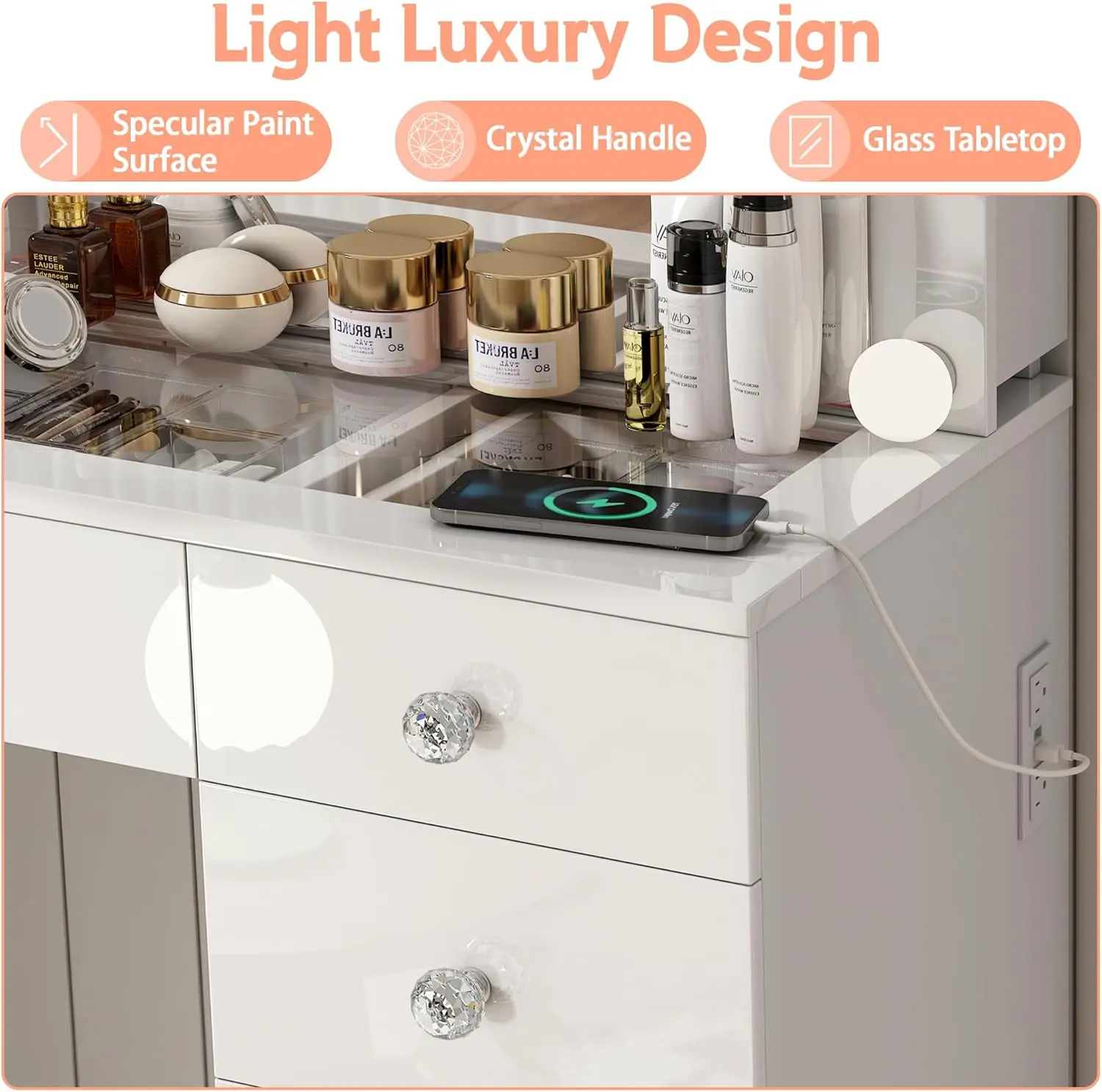 Vanity Desk with Power Outlet, Makeup Vanity with Mirror and 14 LED Light, 3 Lighting Modes,11 Drawer Vanity Table , White