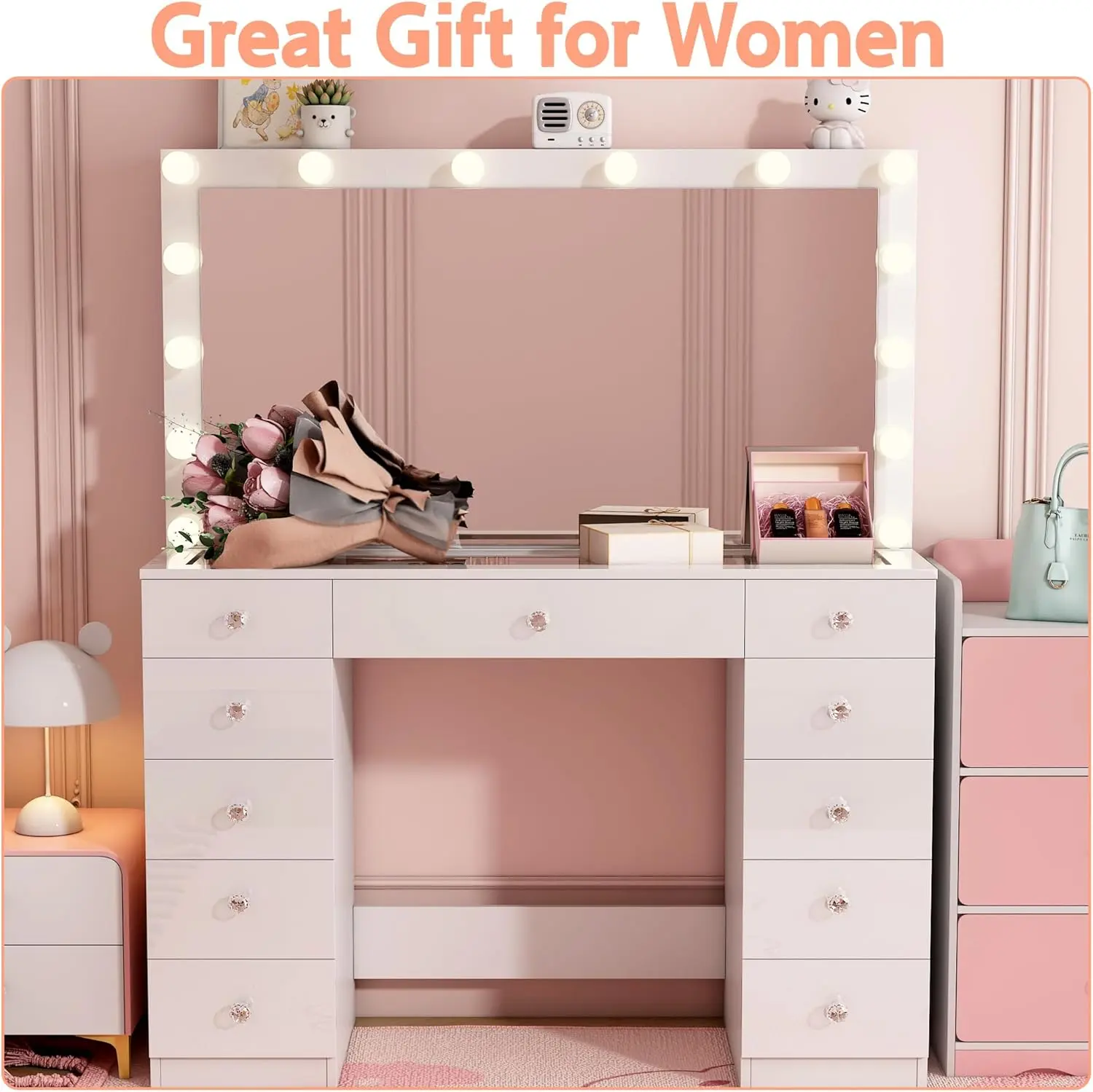 Vanity Desk with Power Outlet, Makeup Vanity with Mirror and 14 LED Light, 3 Lighting Modes,11 Drawer Vanity Table , White