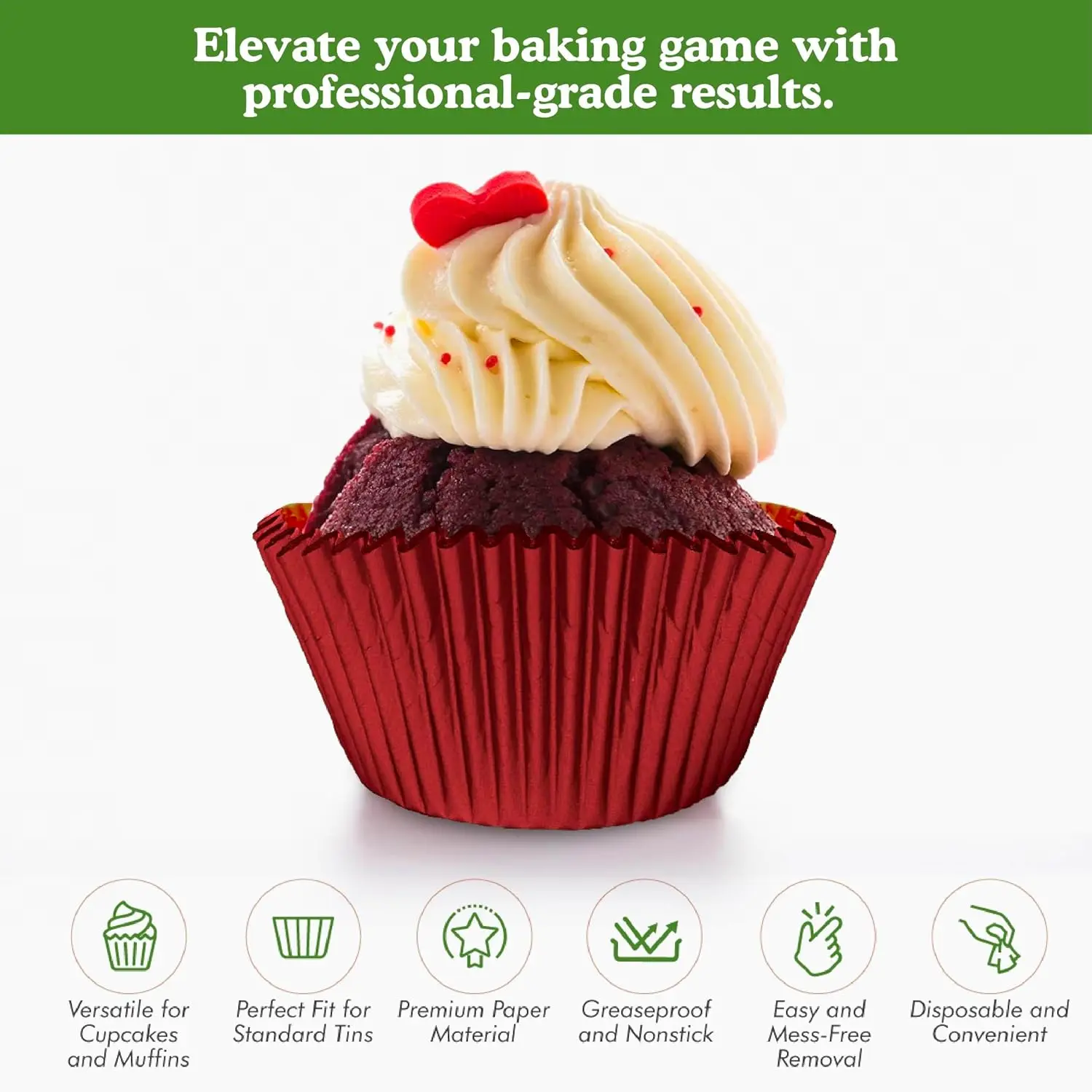 Foil Baking Cups, 36 Mini Red Laminated Greaseproof, Non-Stick Attractive Wrappers for Easy Removal of Cupcakes,Muffins and More
