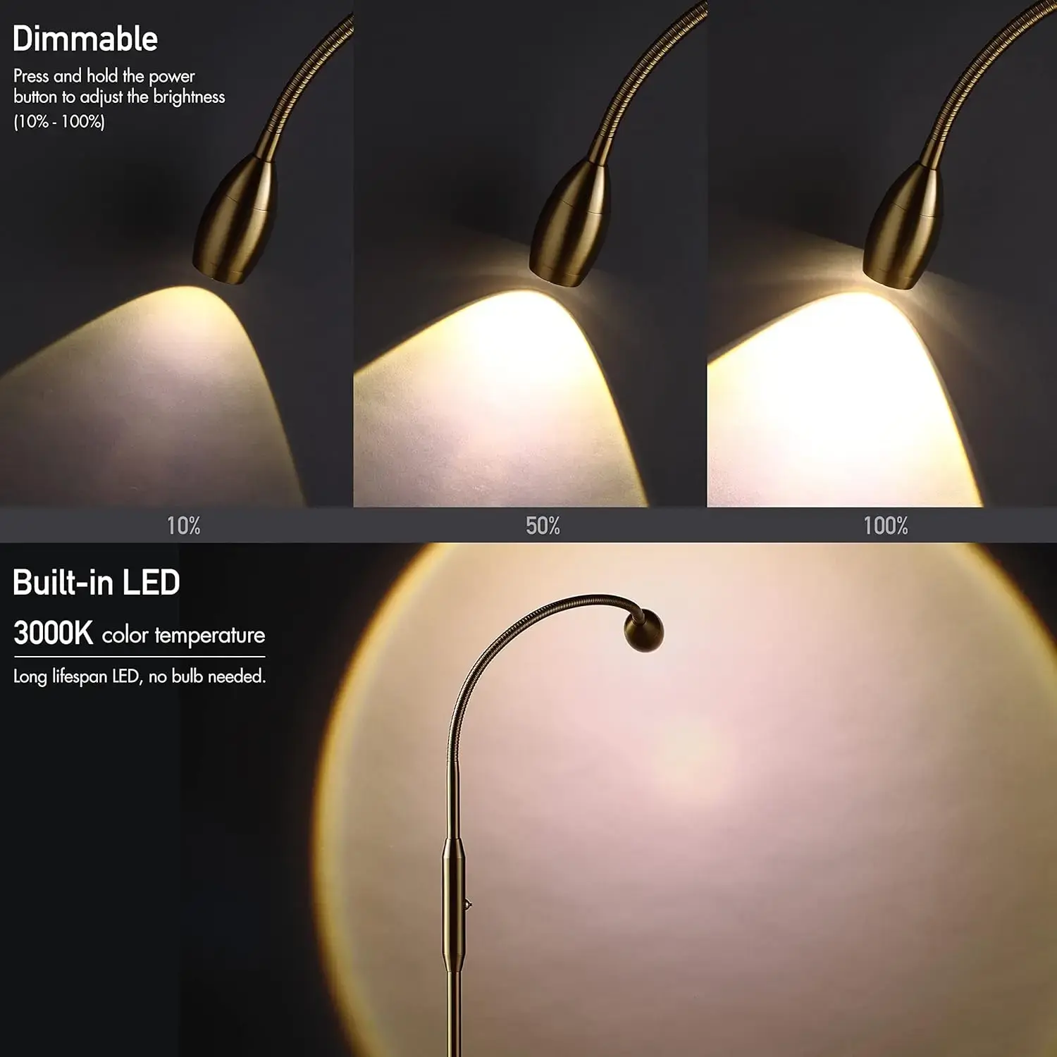 Adjustable LED Beam Floor Lamp, Dimmable and Zoomable Spotlight, Flexible Gooseneck, Reading/Crafting Standing Lamp,