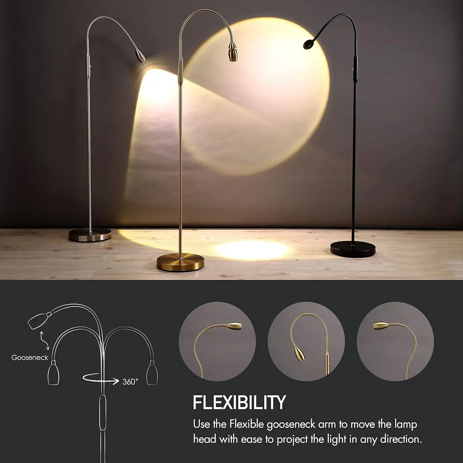 Adjustable LED Beam Floor Lamp, Dimmable and Zoomable Spotlight, Flexible Gooseneck, Reading/Crafting Standing Lamp,