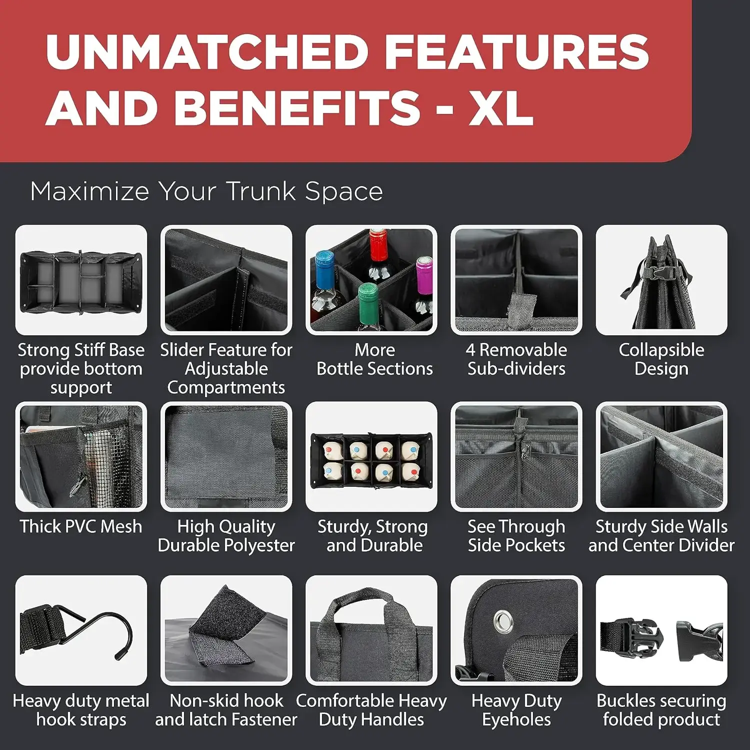 XL Premium SUV, Truck, Car Trunk Organizer With Expandable Compartments - Lightweight Foldable Cargo Organizer
