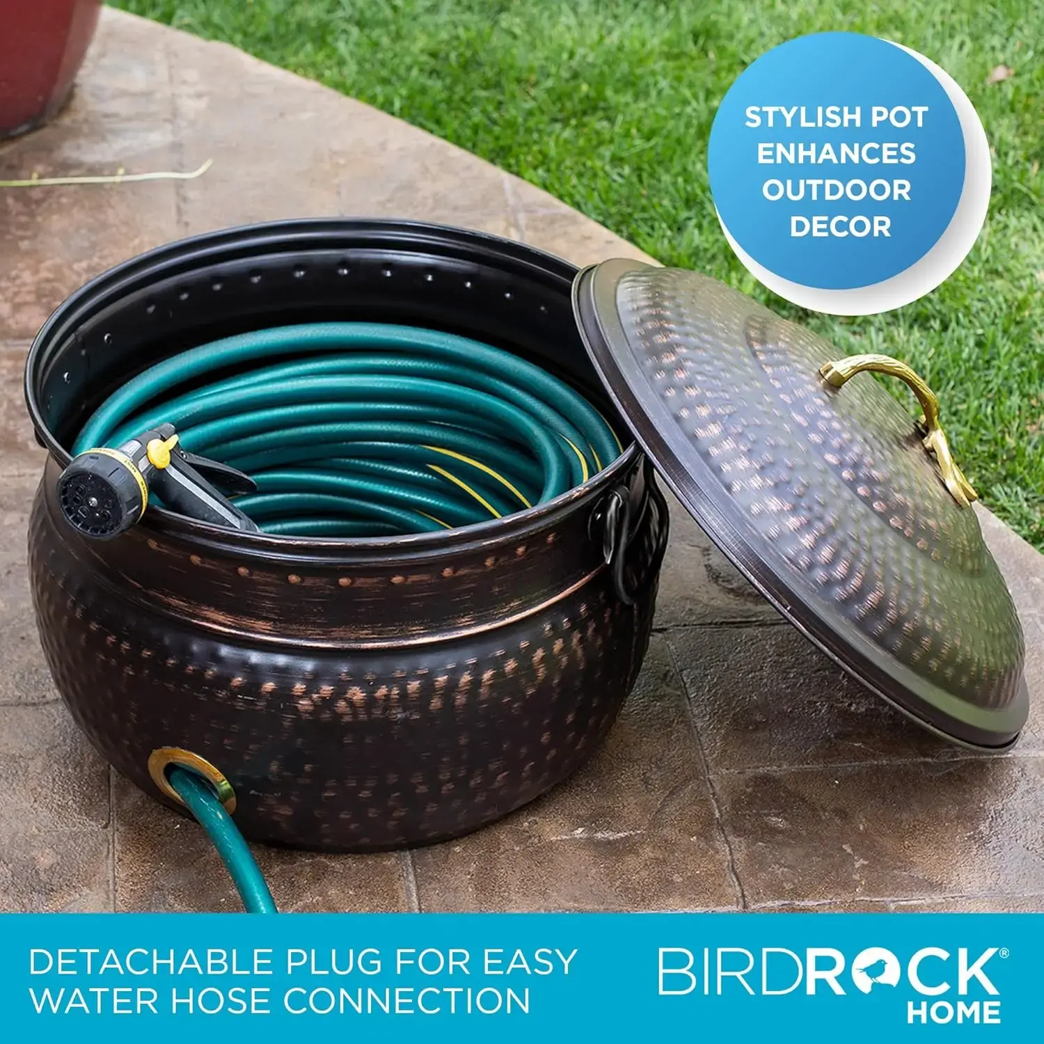 Water Hose Holder - Decorative Metal Pot,Holds up to 200ft Hoses,  Indoor or Outdoor, Garden Storage Organizer