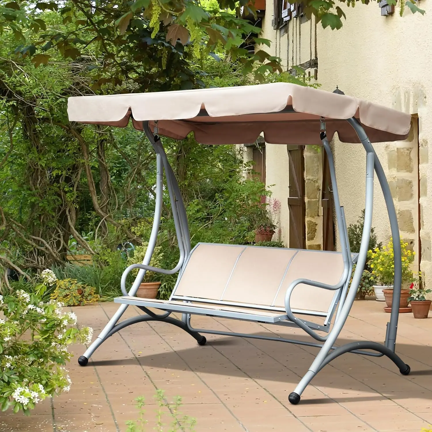 3-Seat Outdoor Porch Swing Chair, Patio Swing Glider with Adjustable Canopy, Breathable Seat, and Steel Frame for Garden