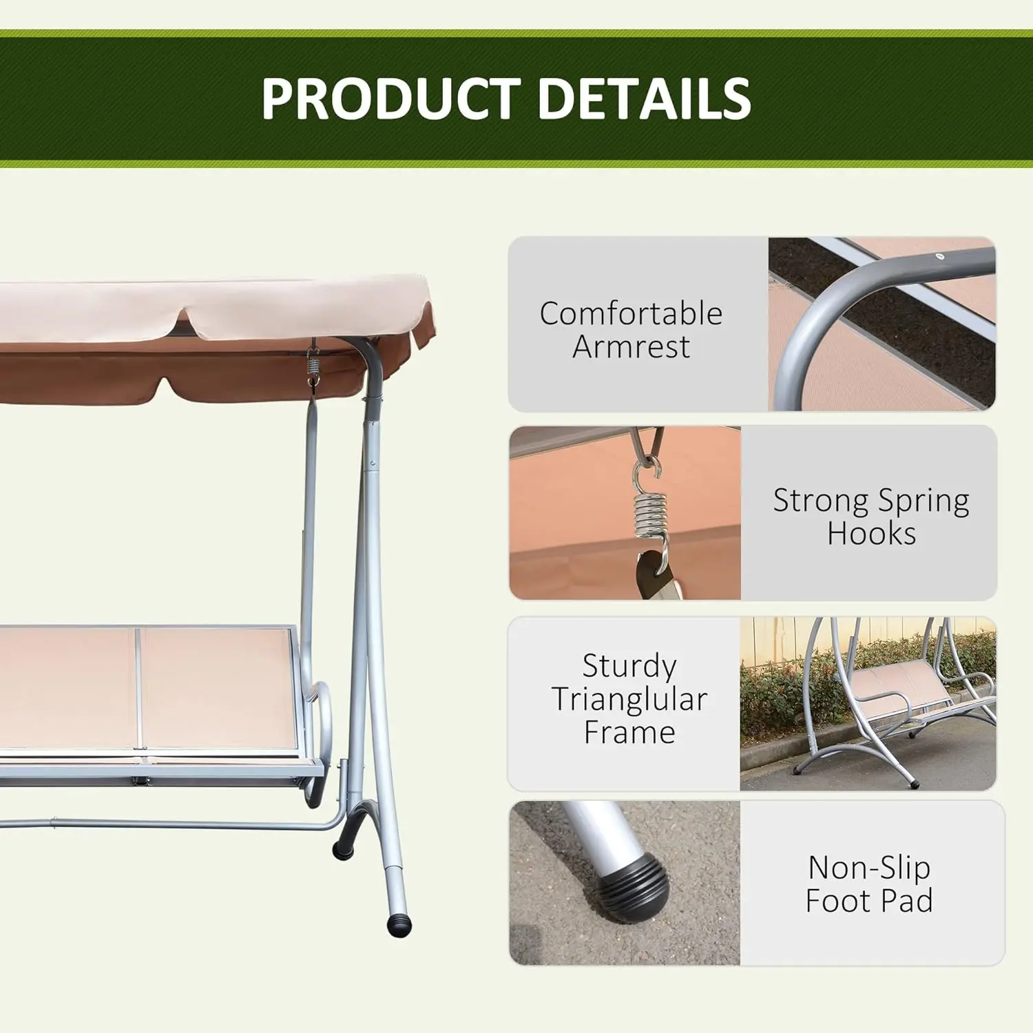 3-Seat Outdoor Porch Swing Chair, Patio Swing Glider with Adjustable Canopy, Breathable Seat, and Steel Frame for Garden