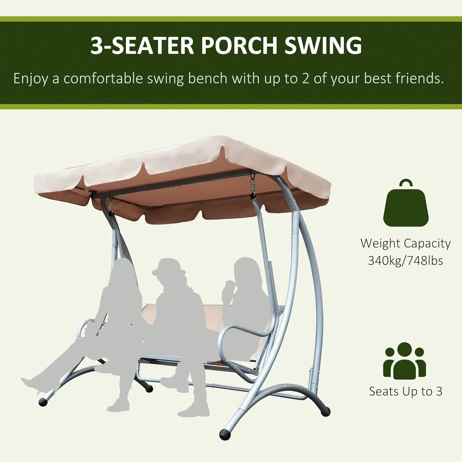 3-Seat Outdoor Porch Swing Chair, Patio Swing Glider with Adjustable Canopy, Breathable Seat, and Steel Frame for Garden