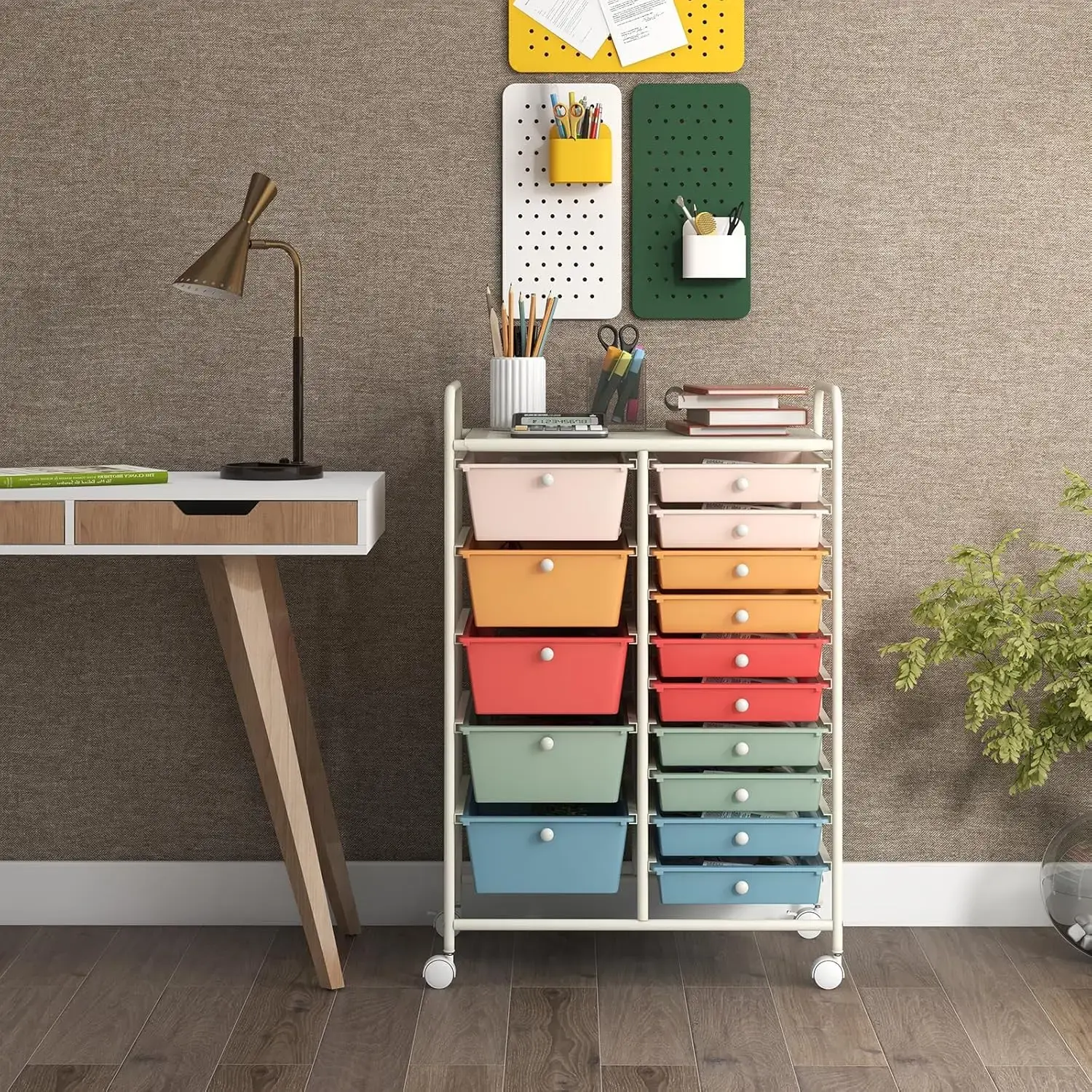15-Drawer Rolling Storage Cart, Multipurpose Movable Organizer, Utility Cart for Home, Office, School, Macaron Color